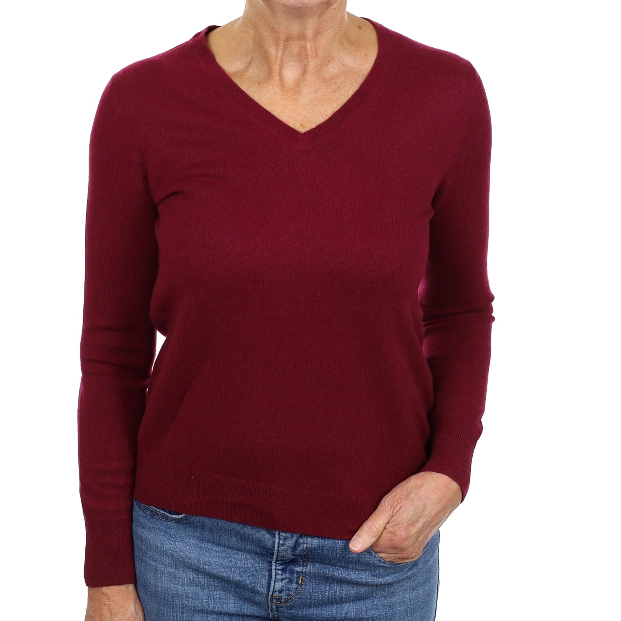 Garnet Red Cashmere V Neck Jumper Medium