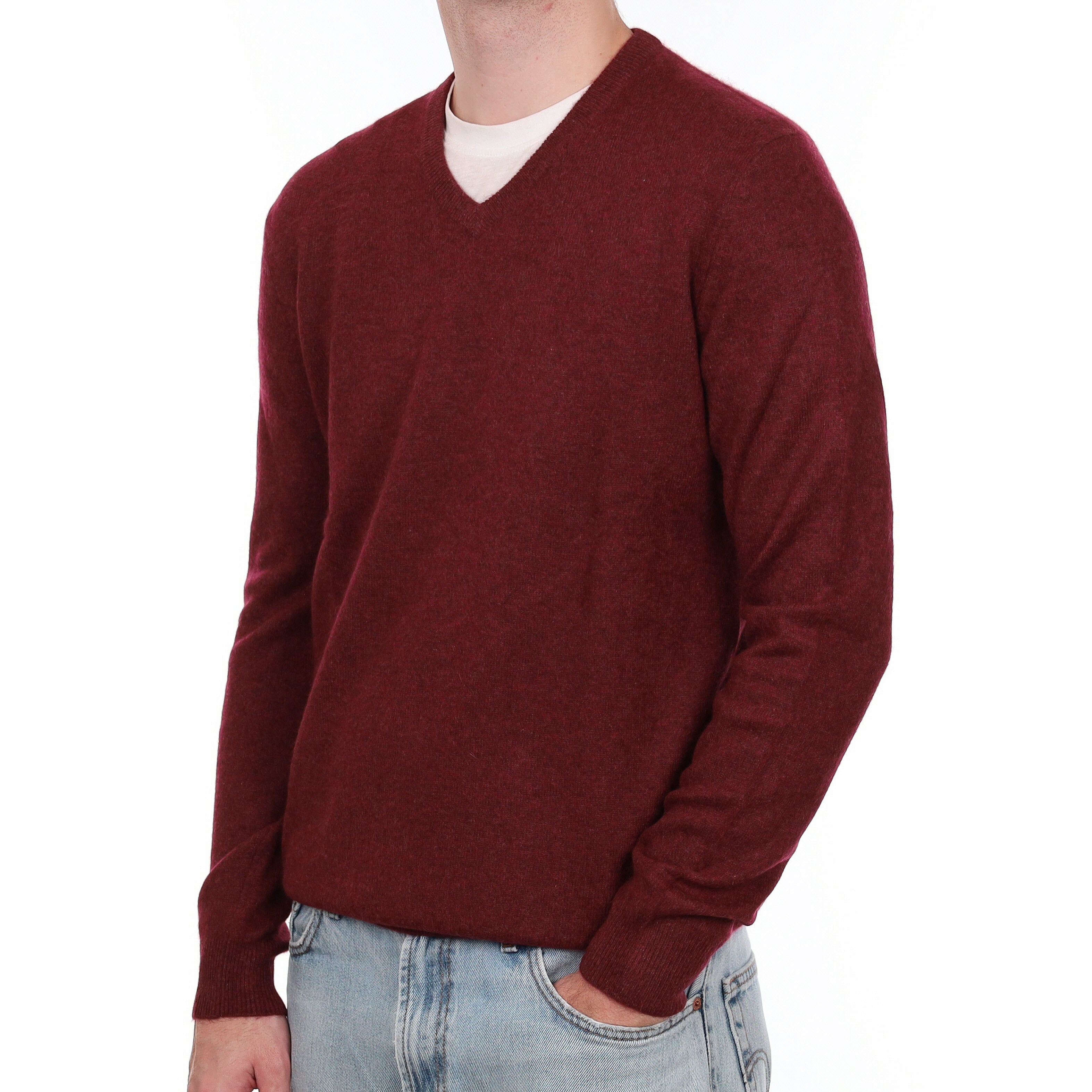 Men's Wine Red Marl Cashmere V Neck Jumper Large