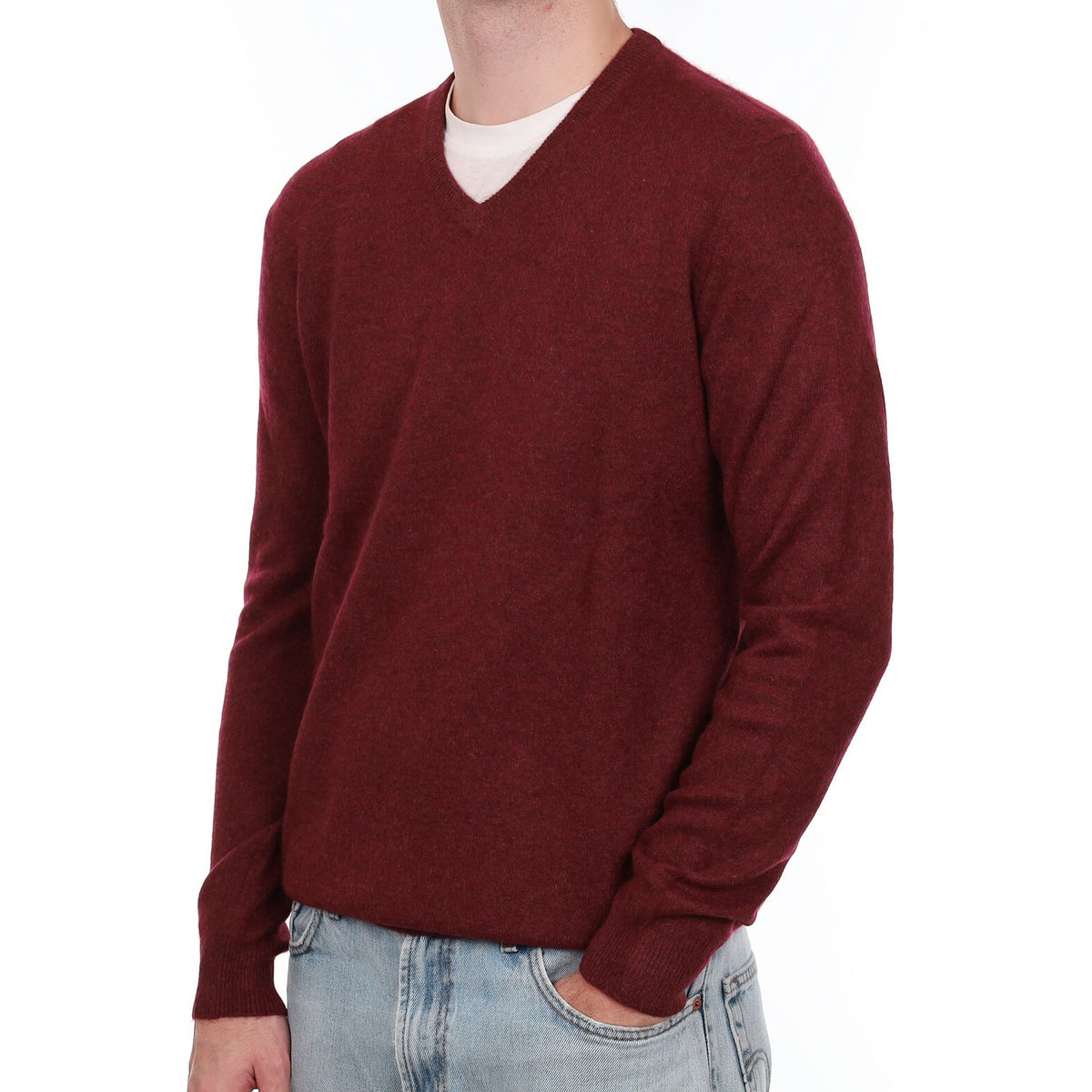 Men's Wine Red Marl Cashmere V Neck Jumper Large