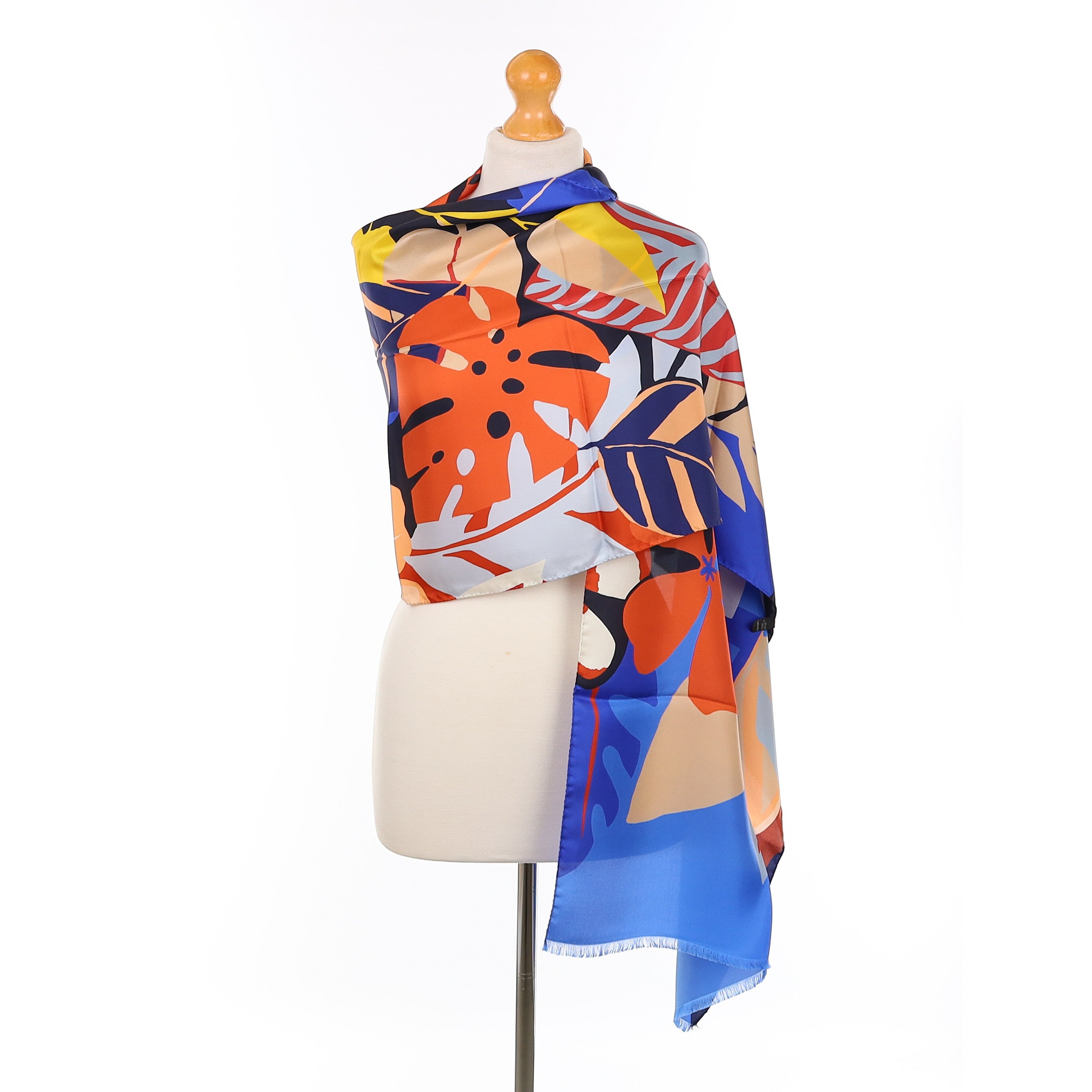 Brand New Italian Blue And Orange Botanical Silk Wrap