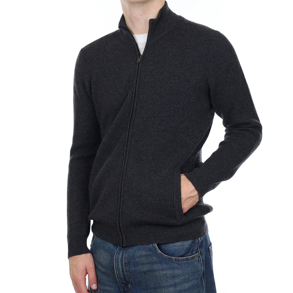 Men’s Brand New Scottish Charcoal Grey Chunky Rib Cashmere Zip Up Cardigan with Pockets Large