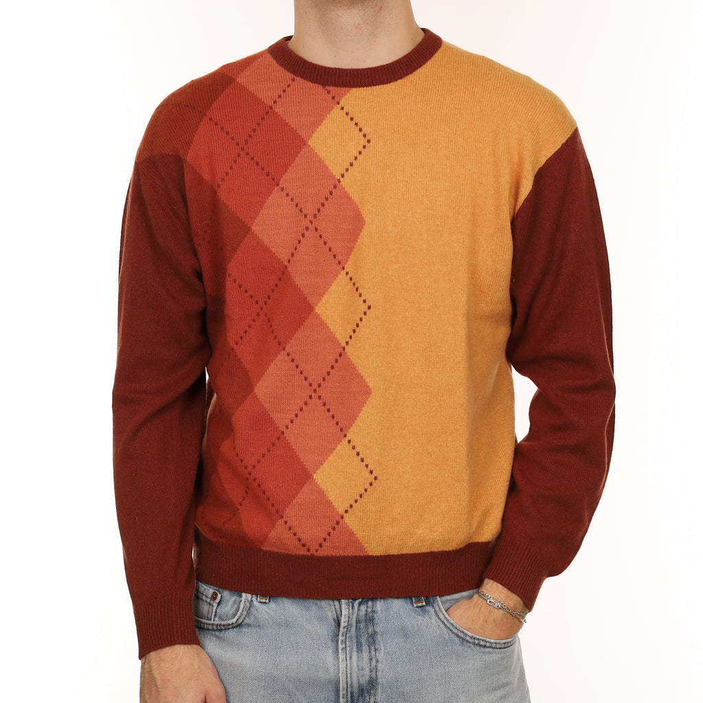 Men's Rust Orange Diamond Cashmere Crew Neck Jumper Large