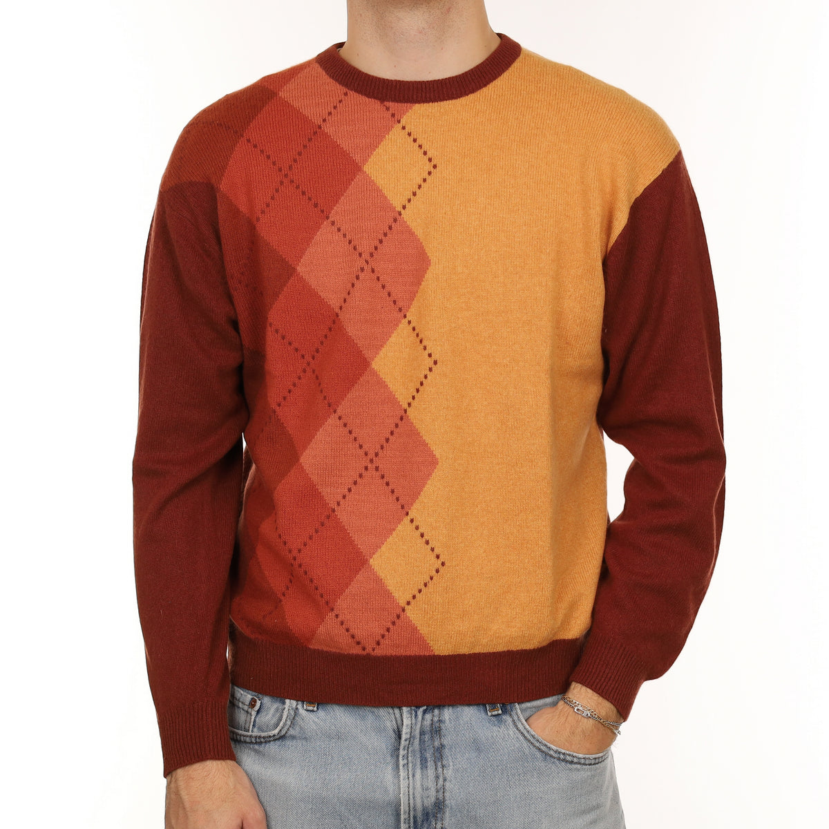 Men's Rust Orange Diamond Cashmere Crew Neck Jumper Large