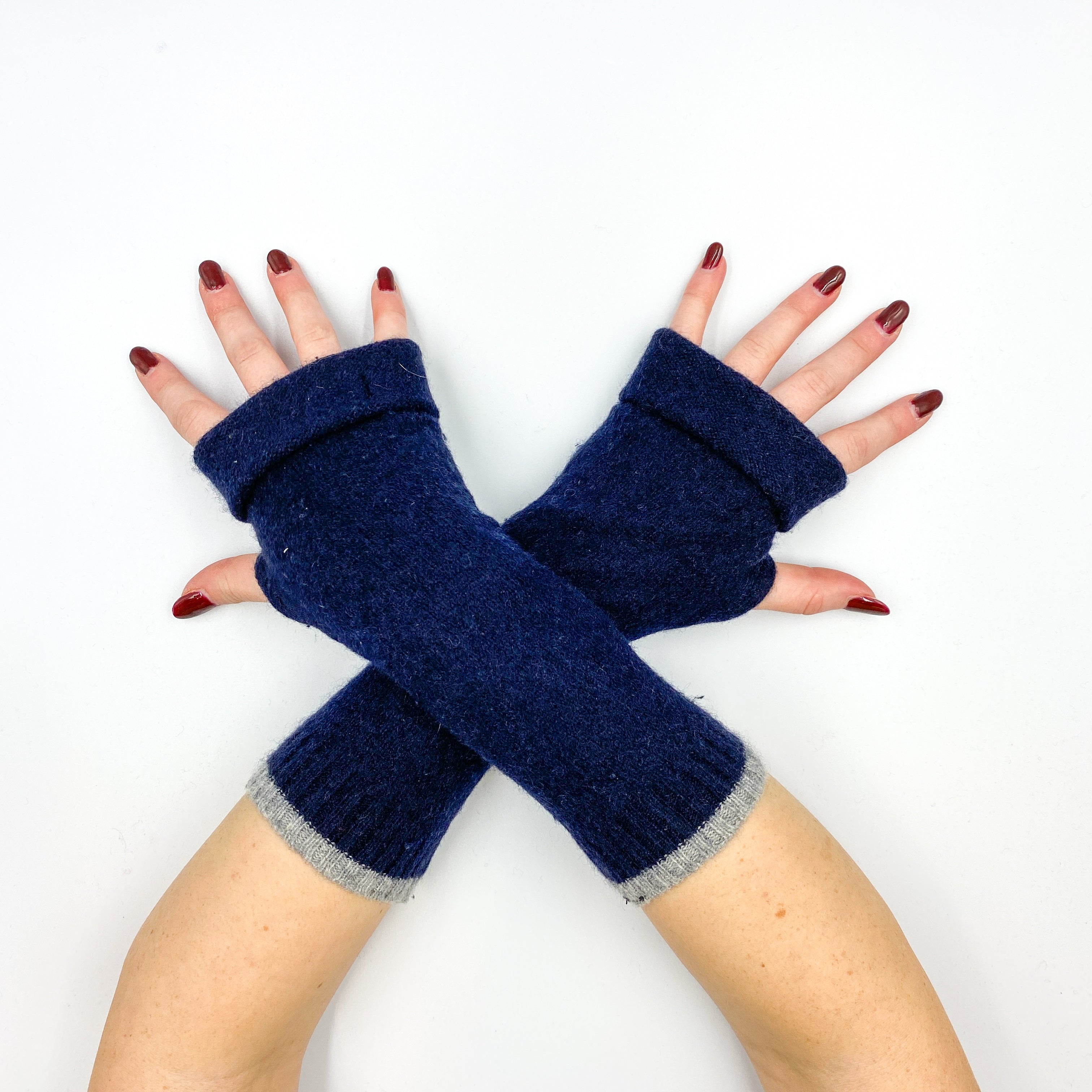 Navy Blue and Grey Colour Block Fingerless Gloves