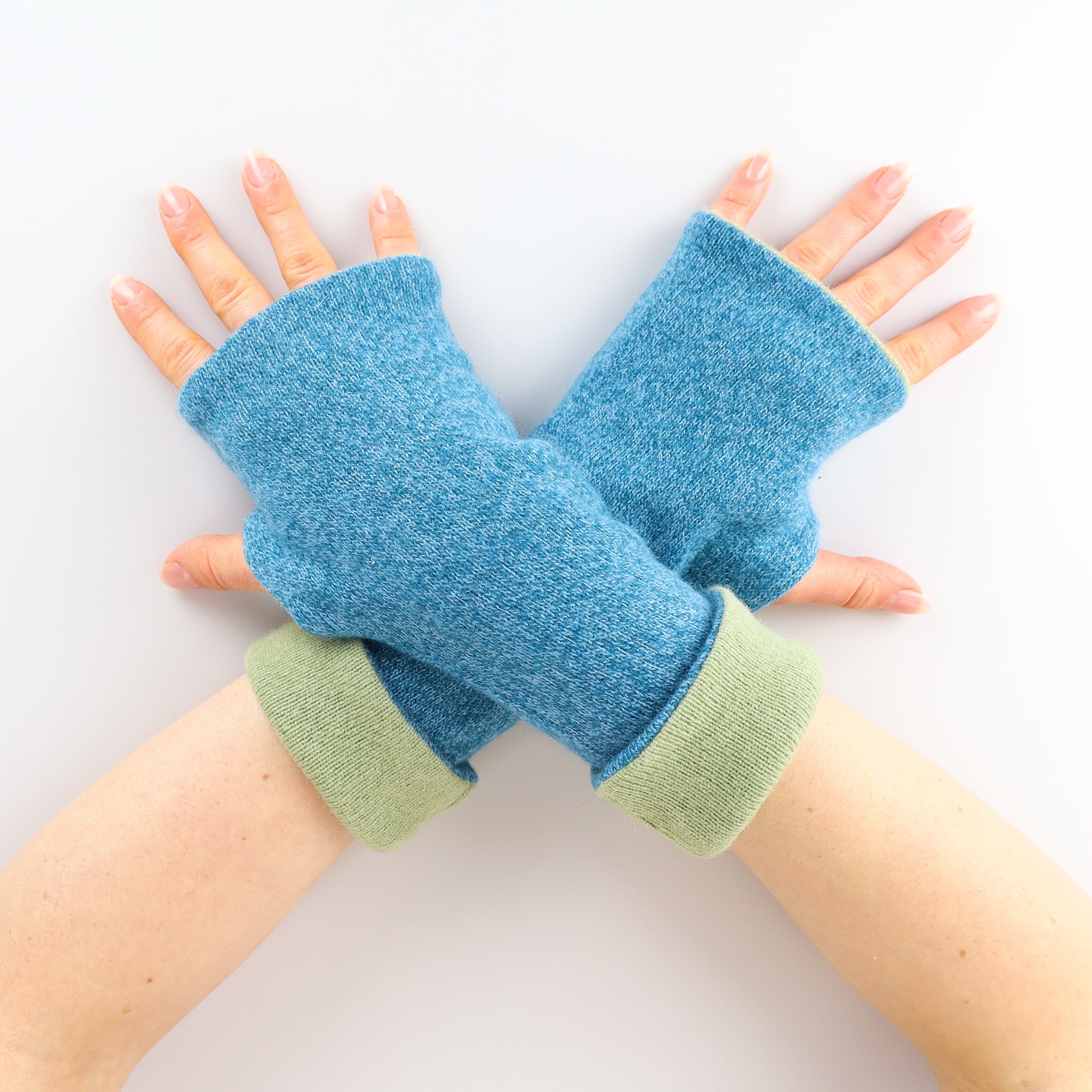 Teal Marl and Pistachio Reversible Cashmere Fingerless Gloves