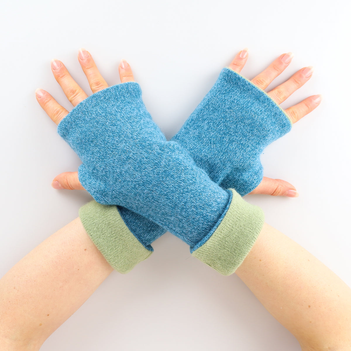 Teal Marl and Pistachio Reversible Cashmere Fingerless Gloves