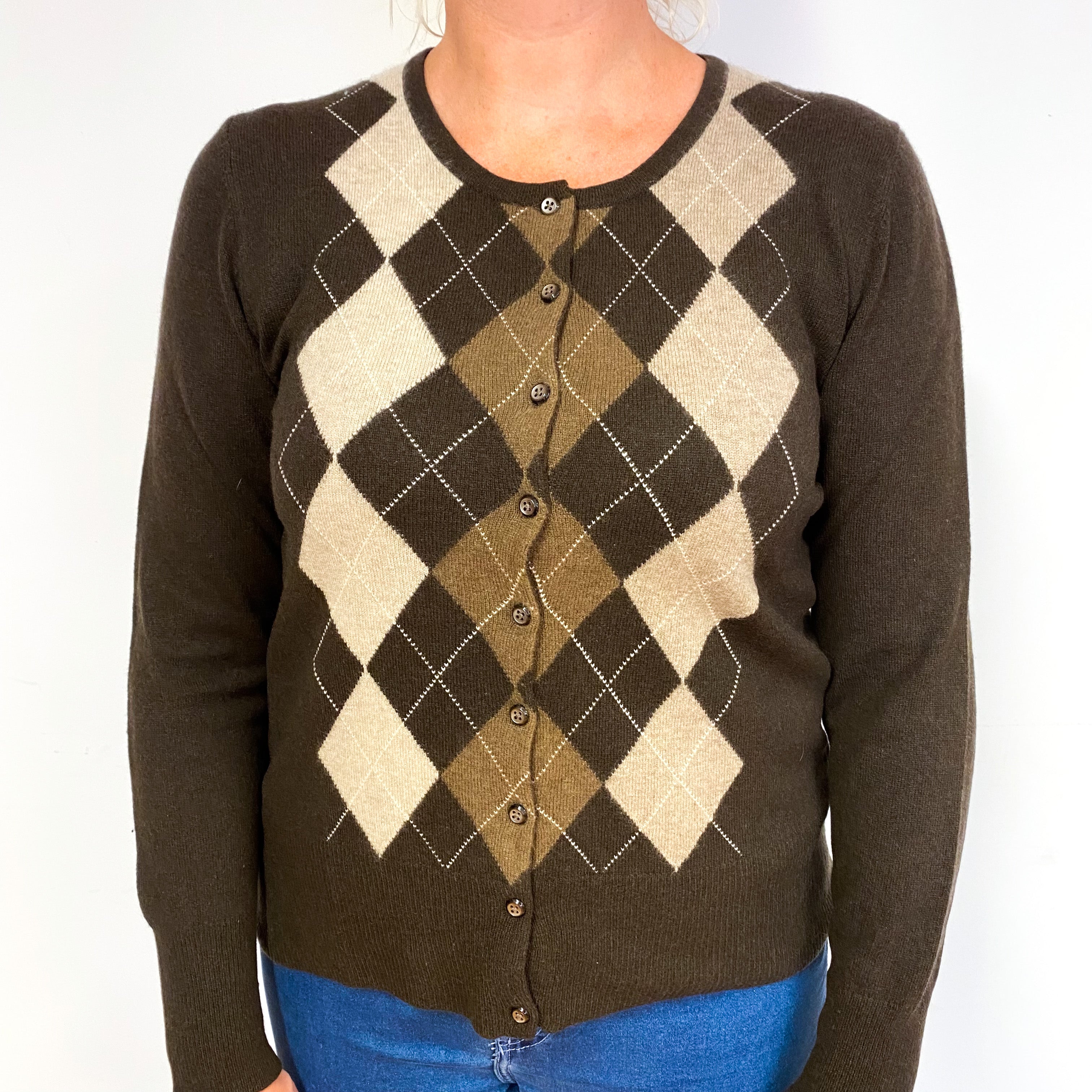 Chocolate Brown Argyle Cashmere Crew Neck Cardigan Large