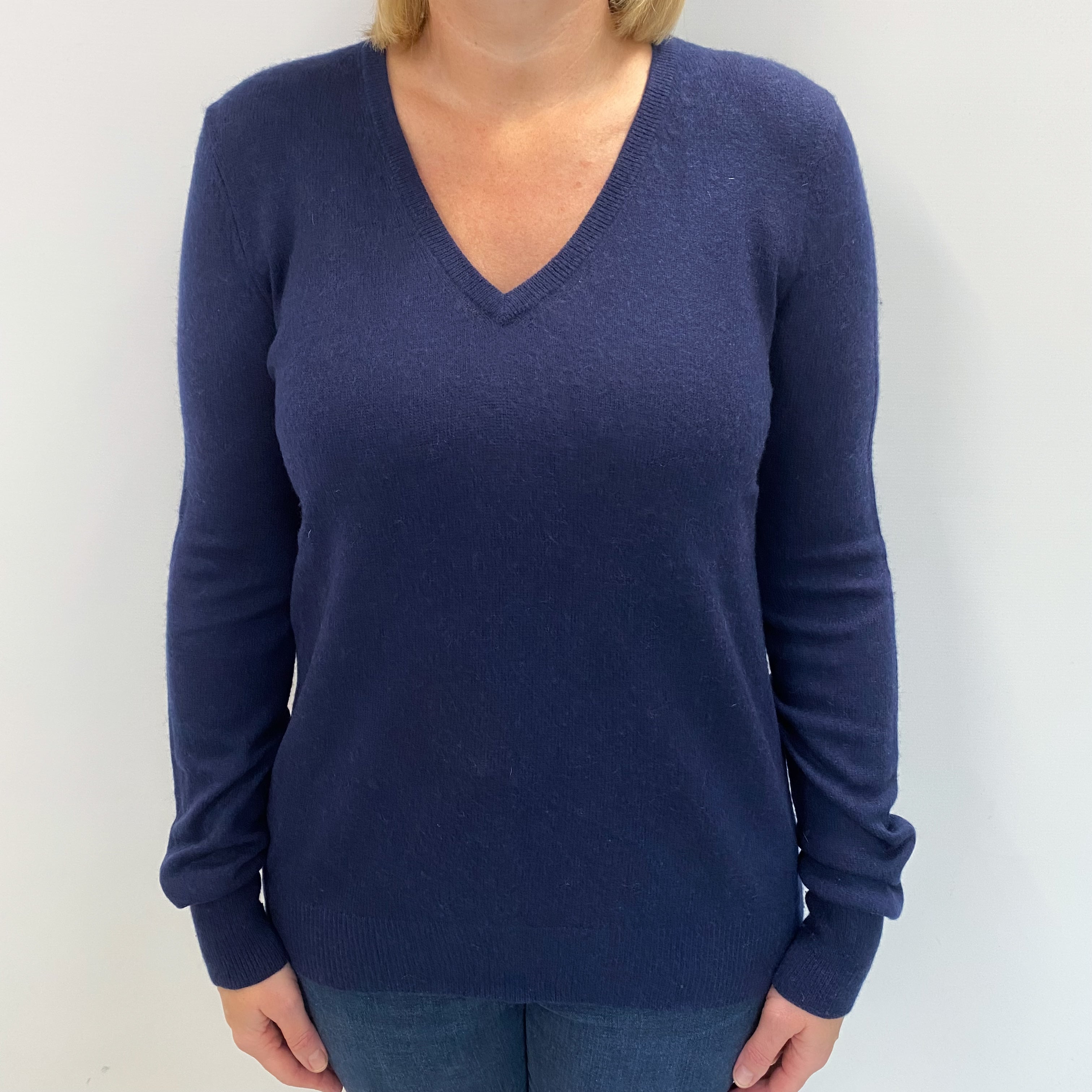 Navy Blue Cashmere V Neck Jumper Large