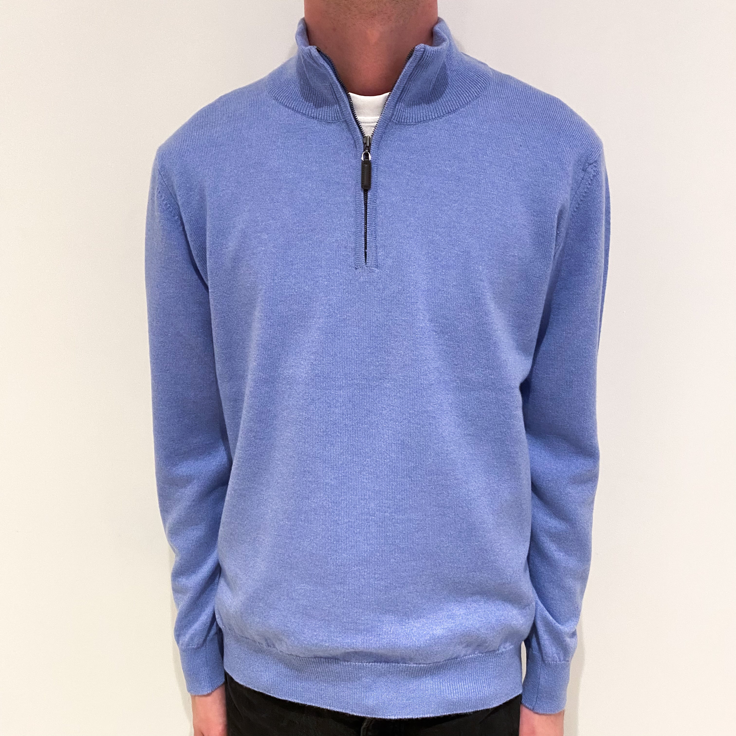 Men's Brand New Scottish Sky Blue Cashmere 1/4 Zip Jumper Small