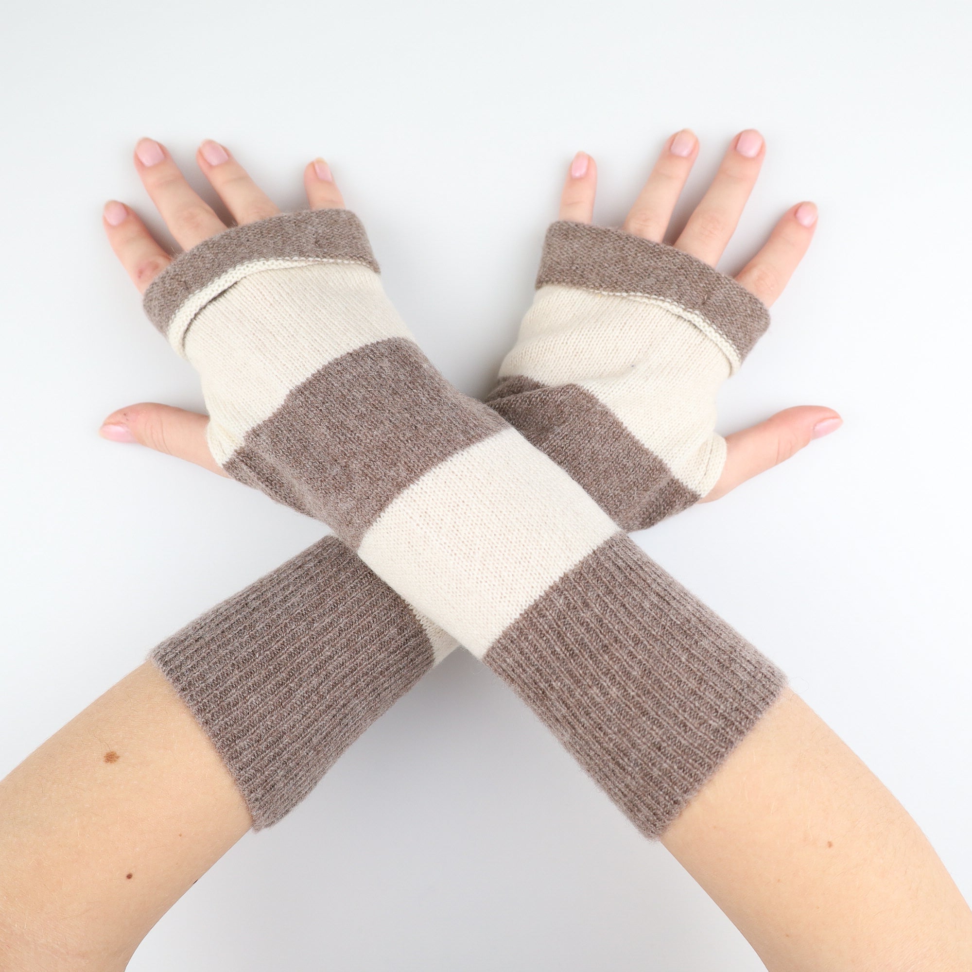 Vanilla Cream and Brown Striped Fingerless Gloves