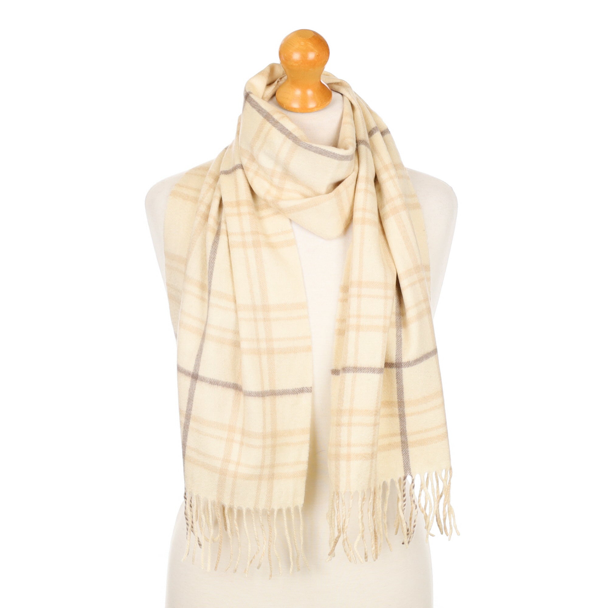 Cream Checked Fringed Cashmere Woven Scarf