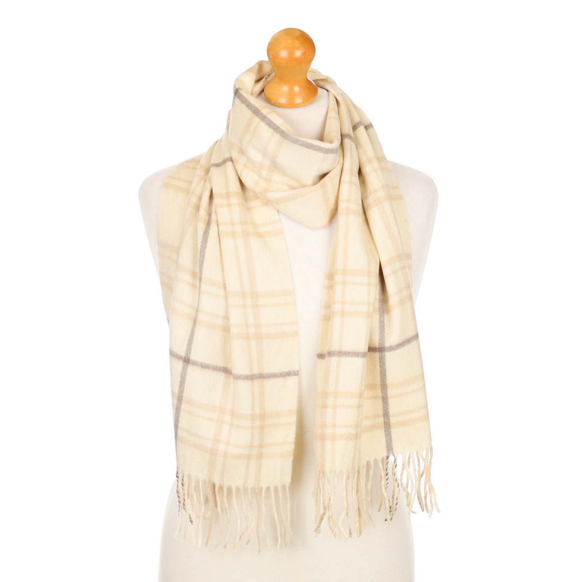Cream Checked Fringed Cashmere Woven Scarf