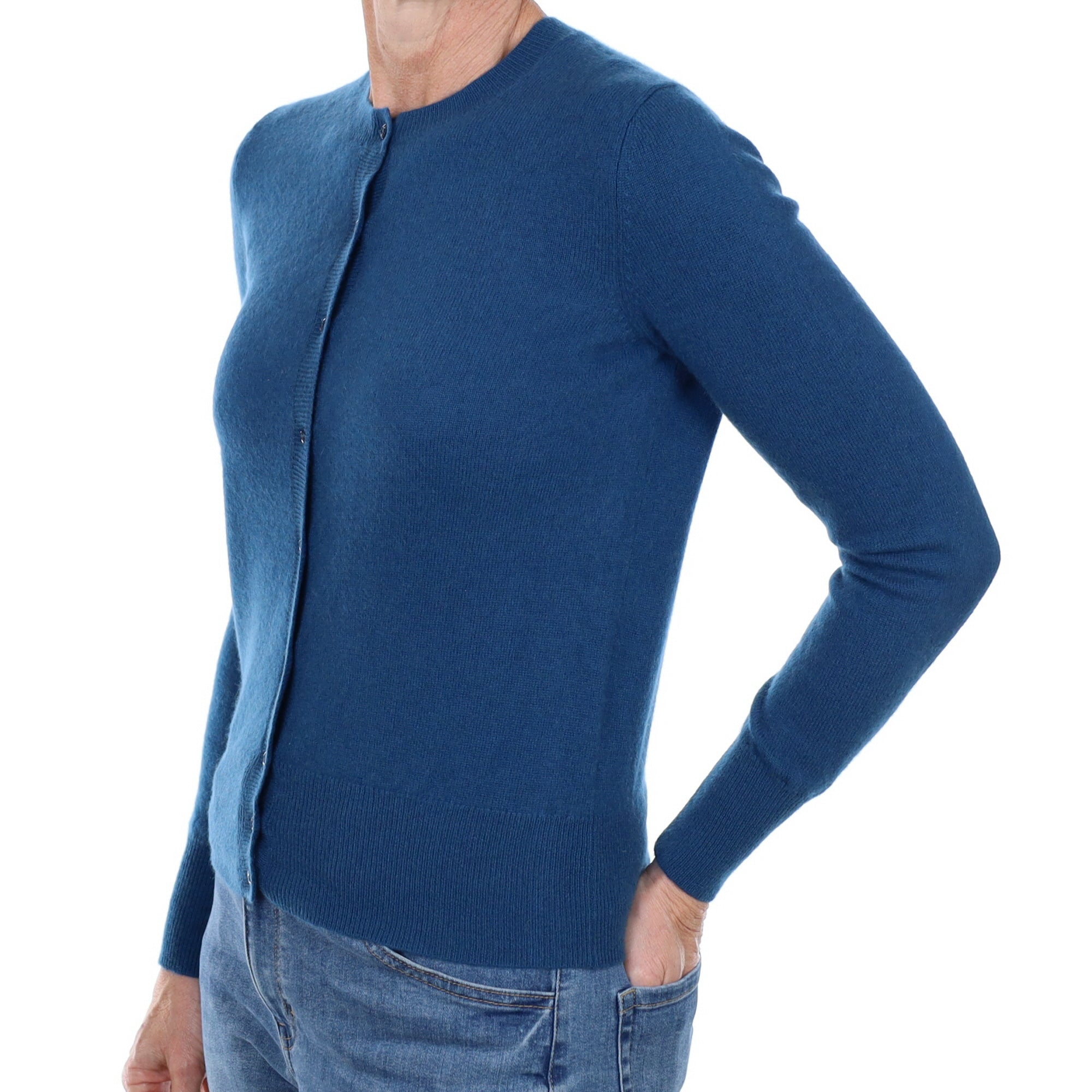 Teal Blue Cashmere Crew Neck Cardigan Small