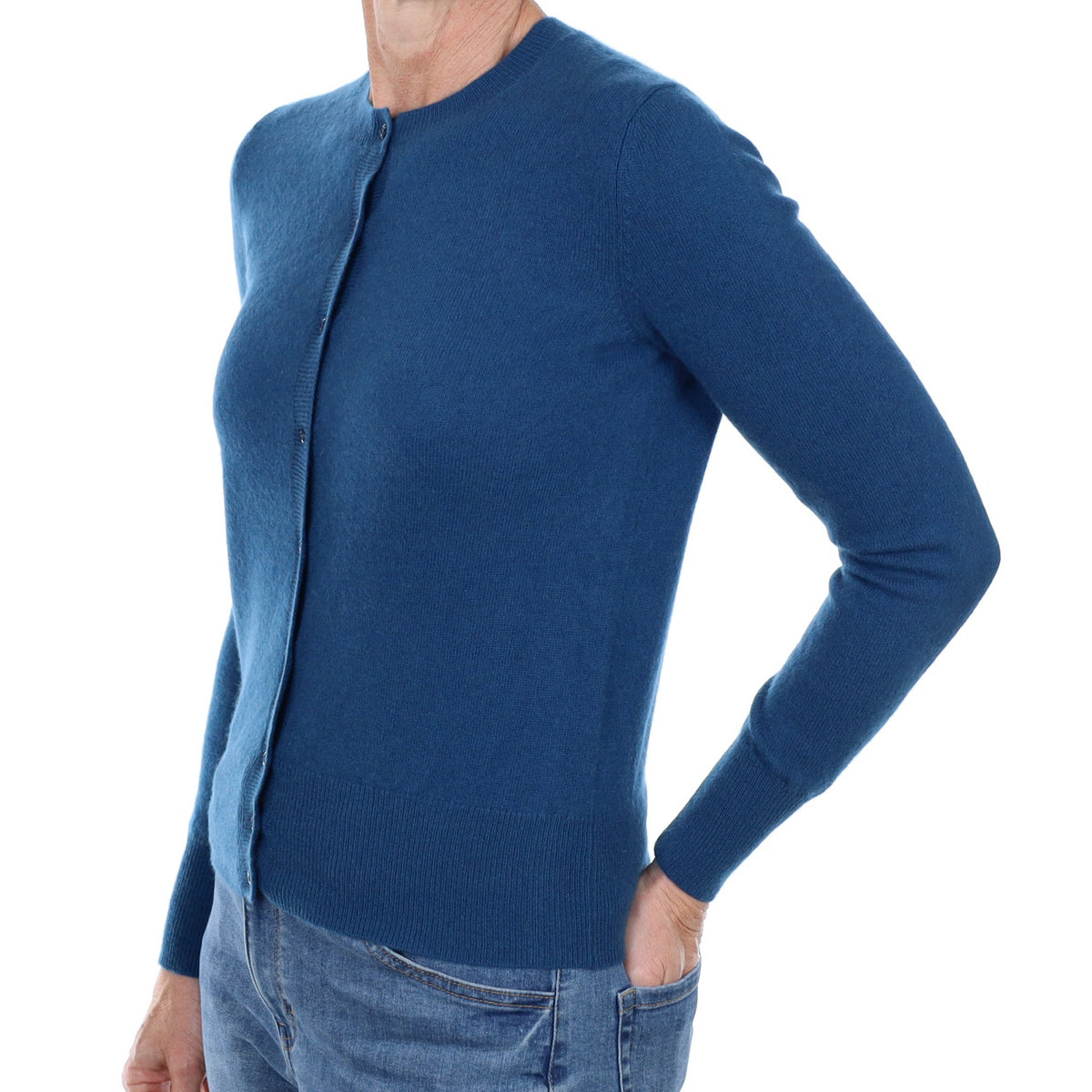 Teal Blue Cashmere Crew Neck Cardigan Small