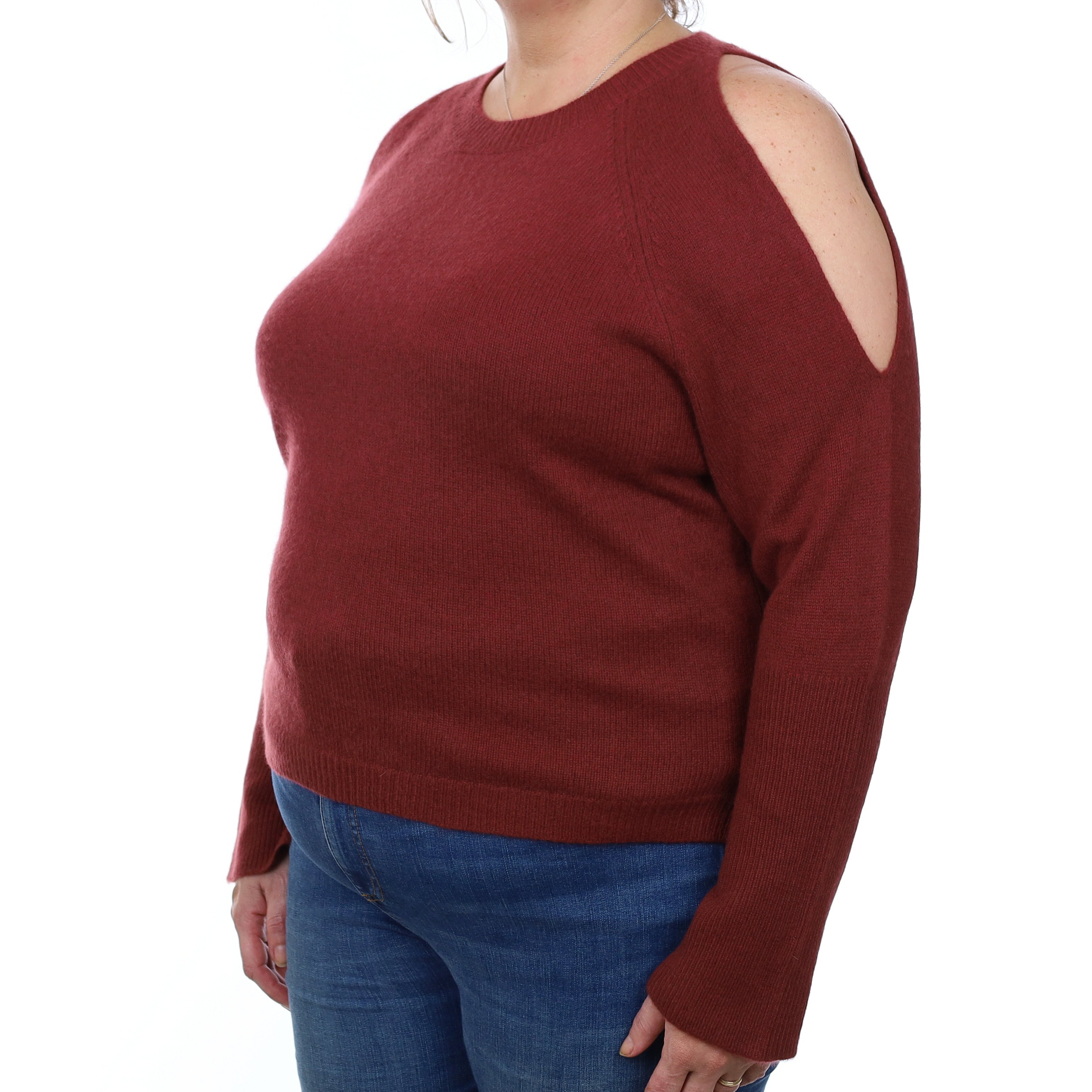 Burgundy Red Heavy Knit Cashmere Cold Shoulder Jumper Extra Large