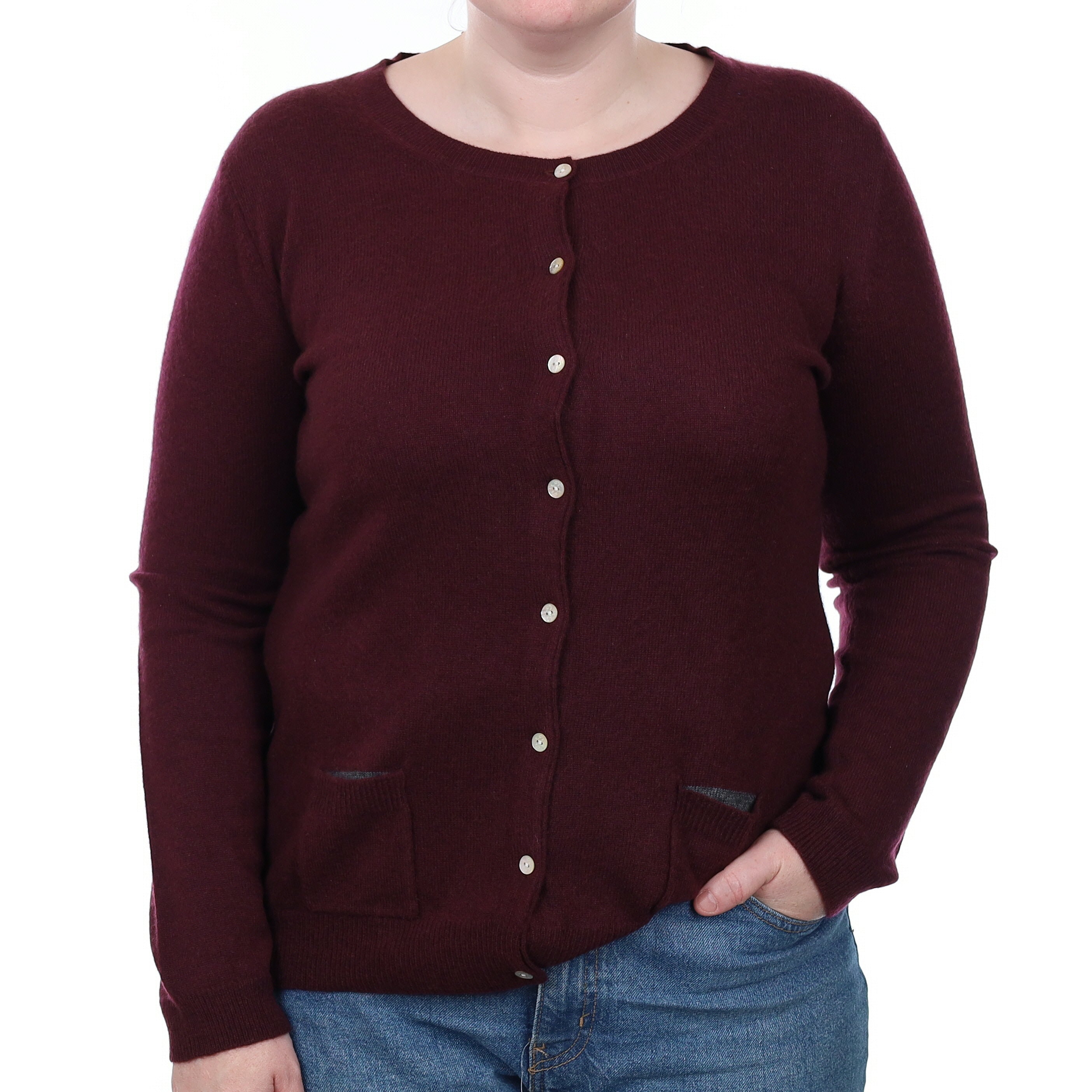 Bramble Purple Cashmere Crew Neck Cardigan with Pockets Large