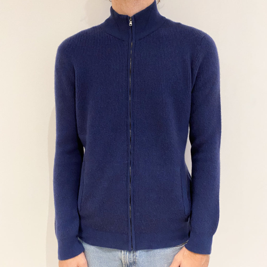 Men’s Brand New Scottish Navy Blue Chunky Cashmere Zip Up Cardigan Medium