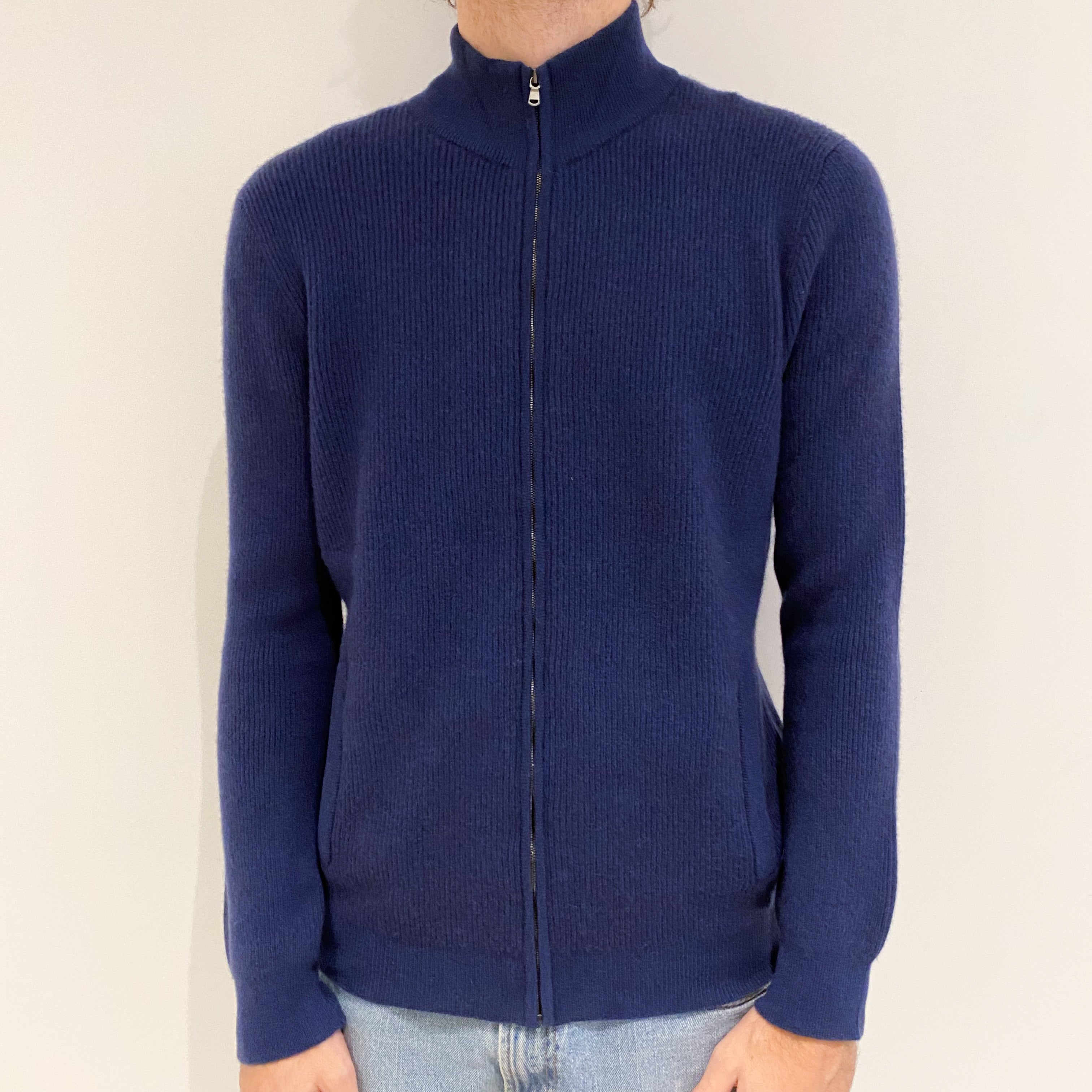 Men’s Brand New Scottish Navy Blue Chunky Cashmere Zip Up Cardigan Medium