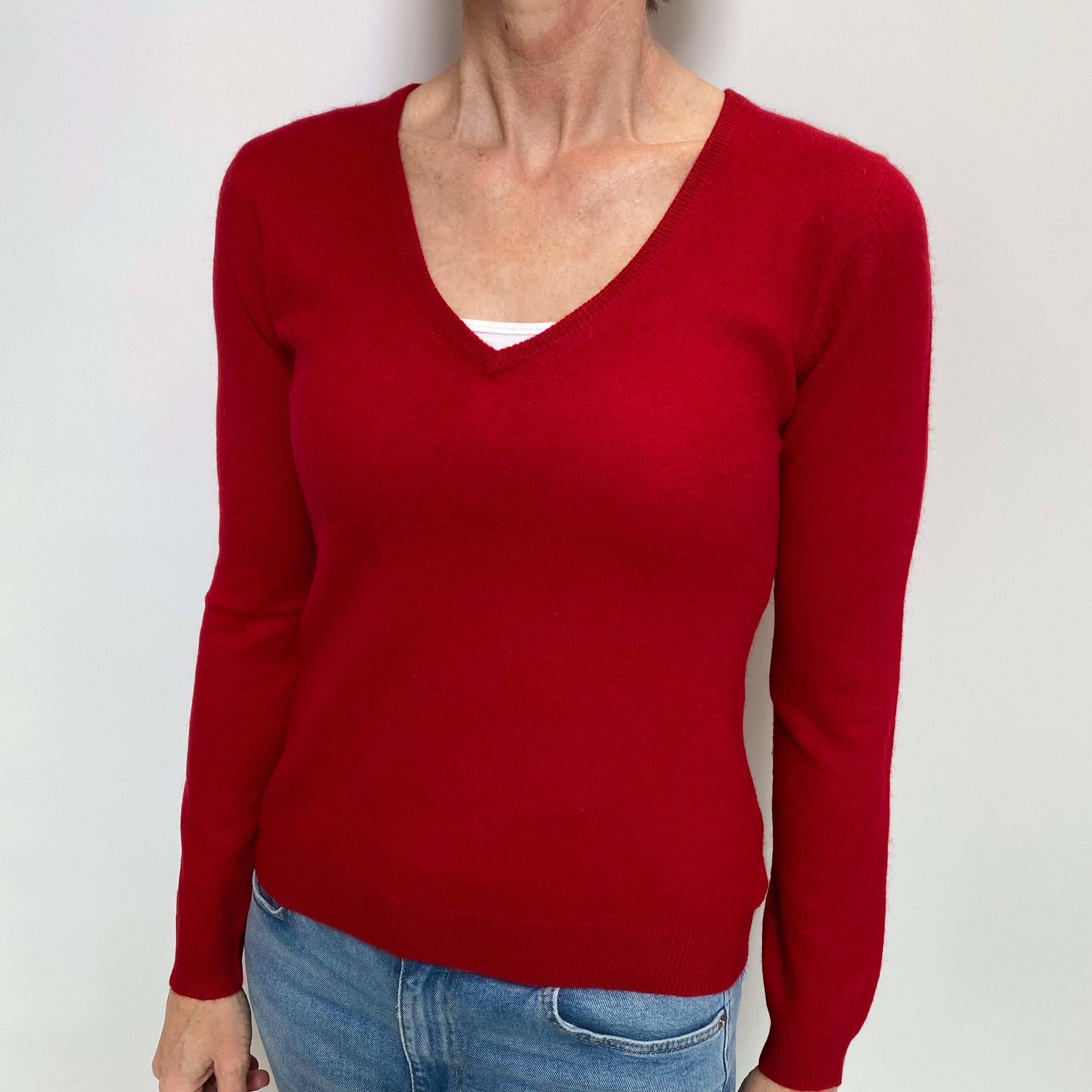 Post Box Red Cashmere V Neck Jumper Small