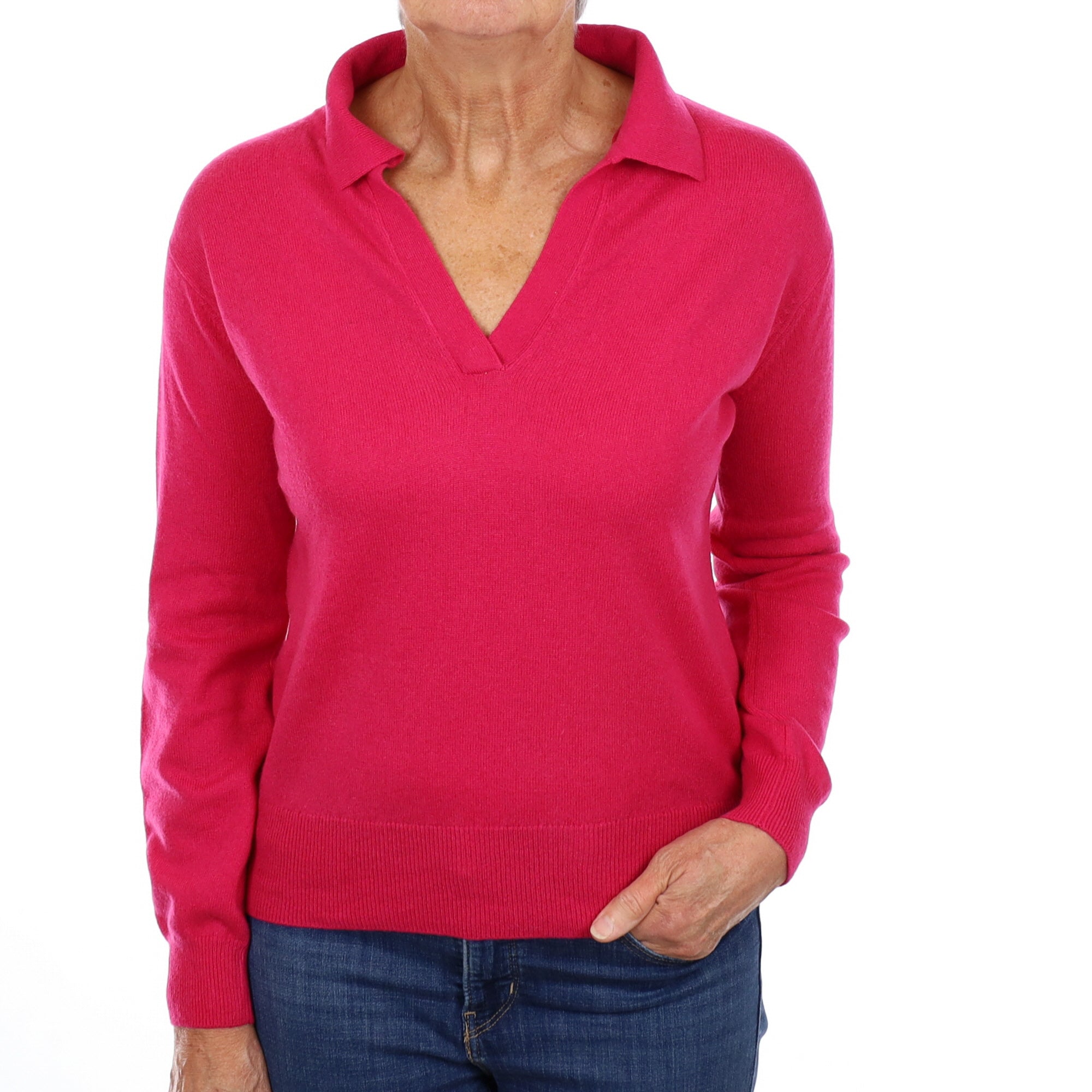 Fuchsia Pink Cashmere Collared  V Neck Jumper Medium