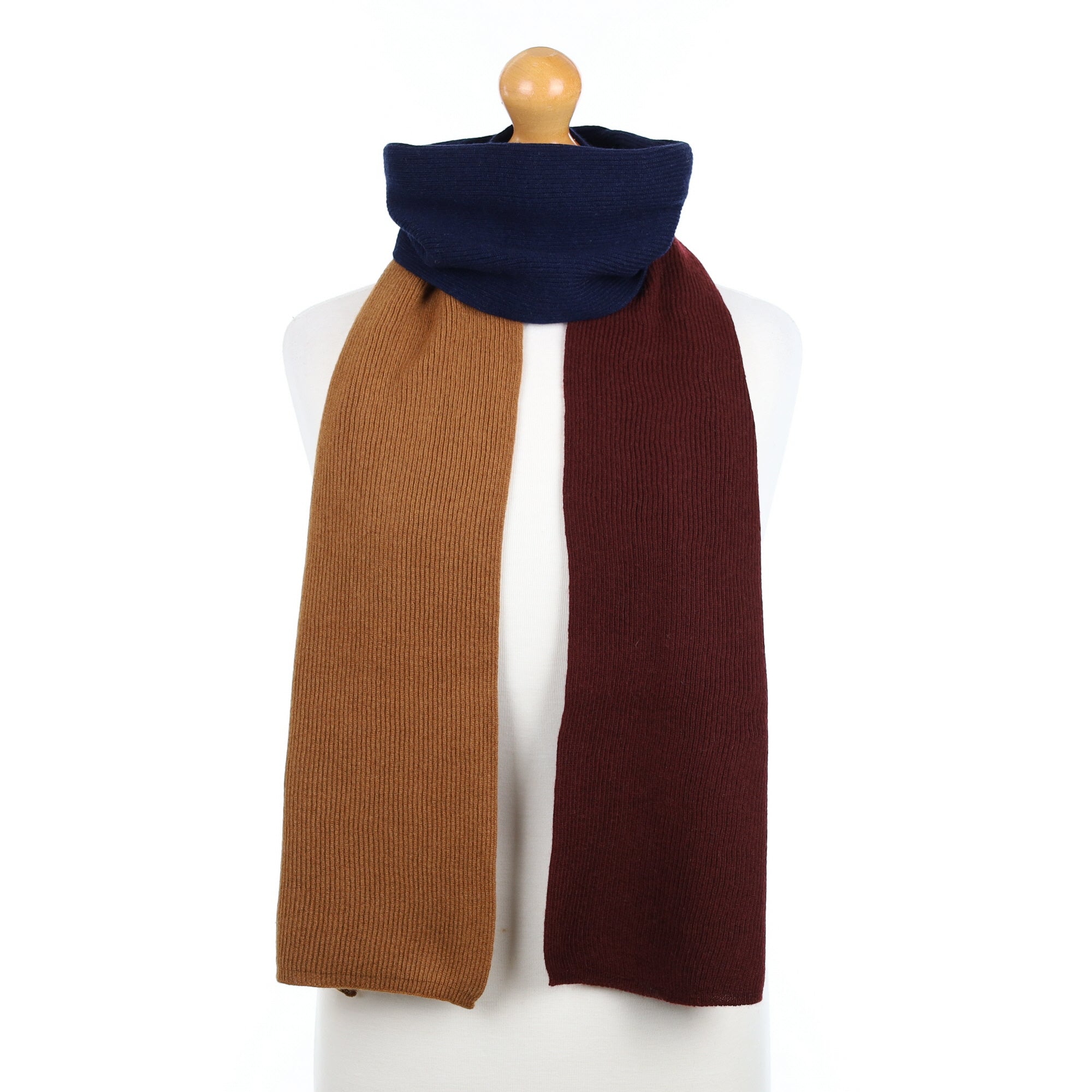 Brand New Scottish Butterscotch Wine & Navy Cashmere Ribbed Scarf