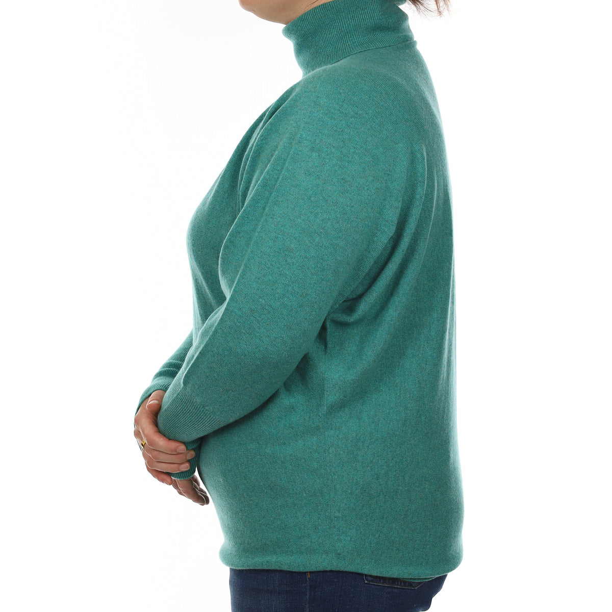 Brand New Scottish Turquoise Green Cashmere Batwing Polo Neck Jumper Large
