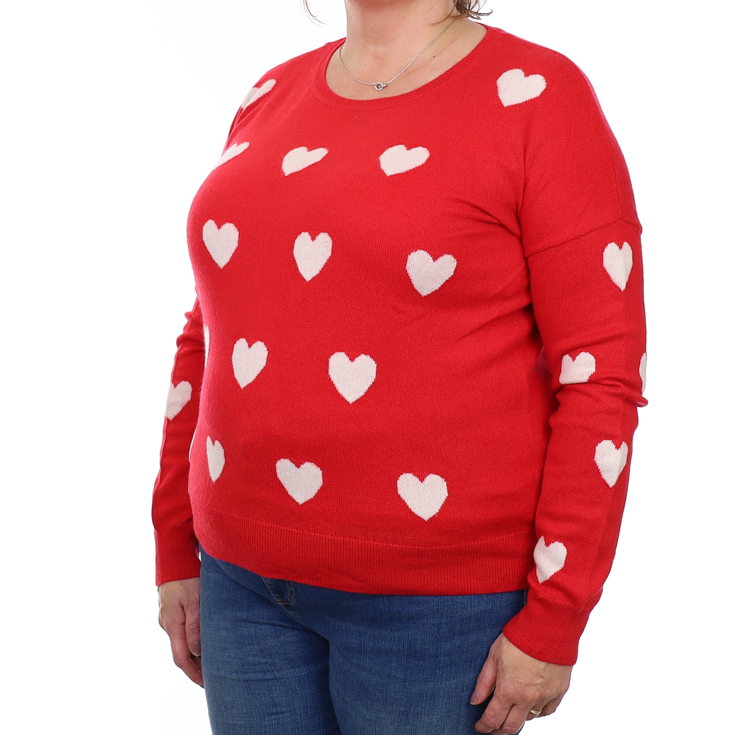 Red and Cream Heart Cashmere Crew Neck Jumper Extra Large