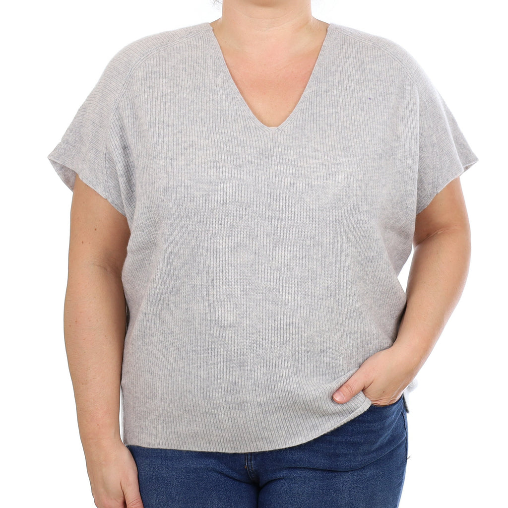 The White Company Grey Ribbed Cashmere Capped Sleeve V Neck Jumper Large