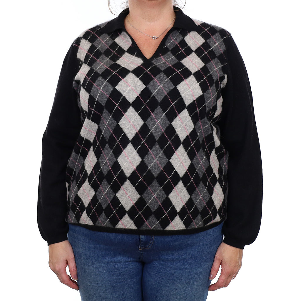 Black and Grey Argyle Cashmere Collared V Neck Jumper XXL