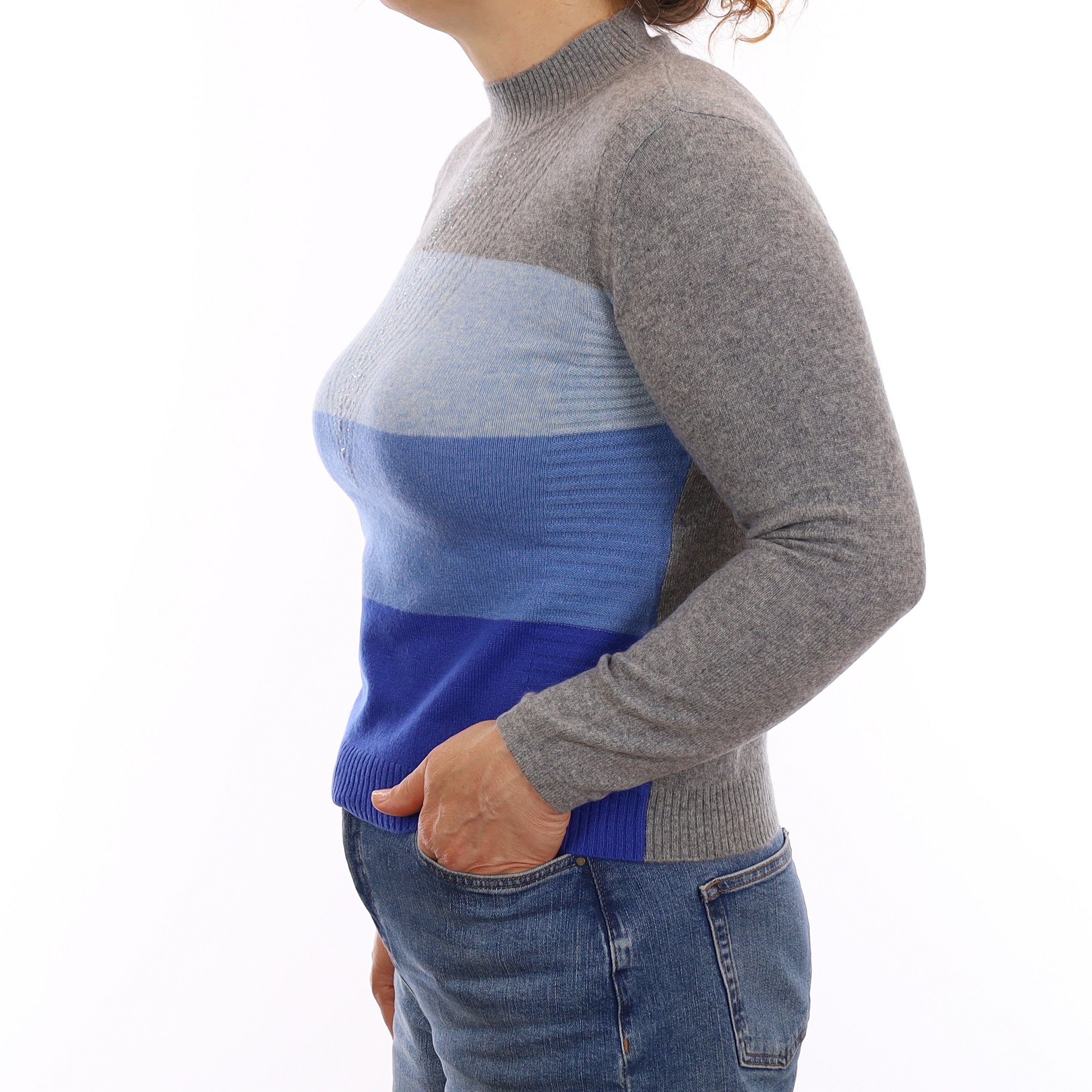 Grey and Blue Diamanté Cashmere Turtle Neck Jumper Medium