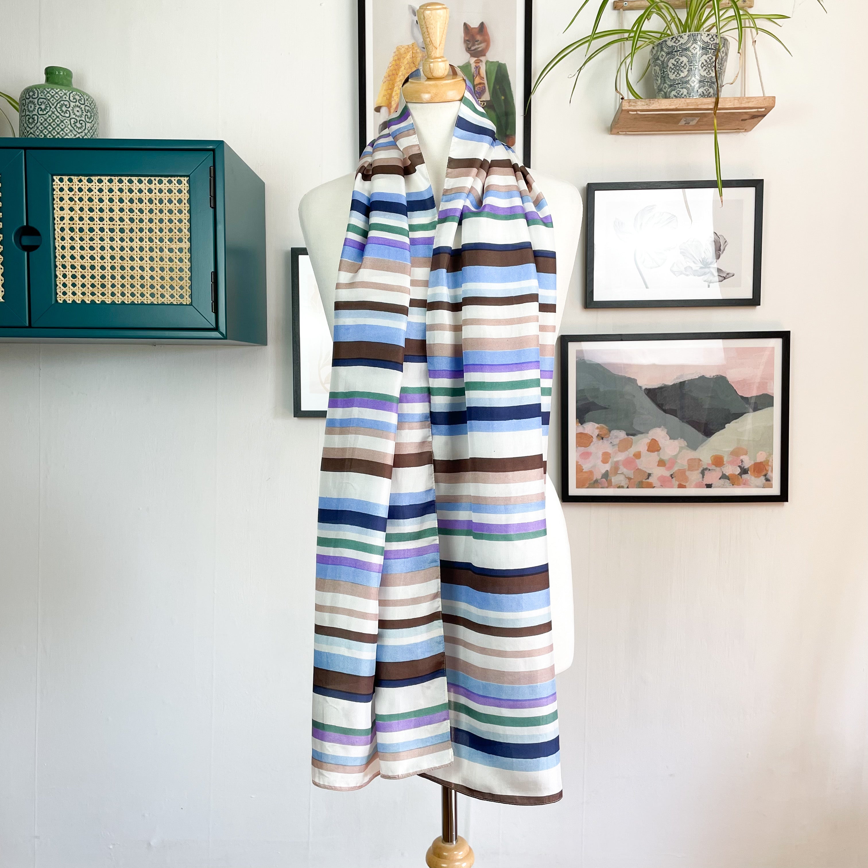 Muted Striped Long Silk Scarf