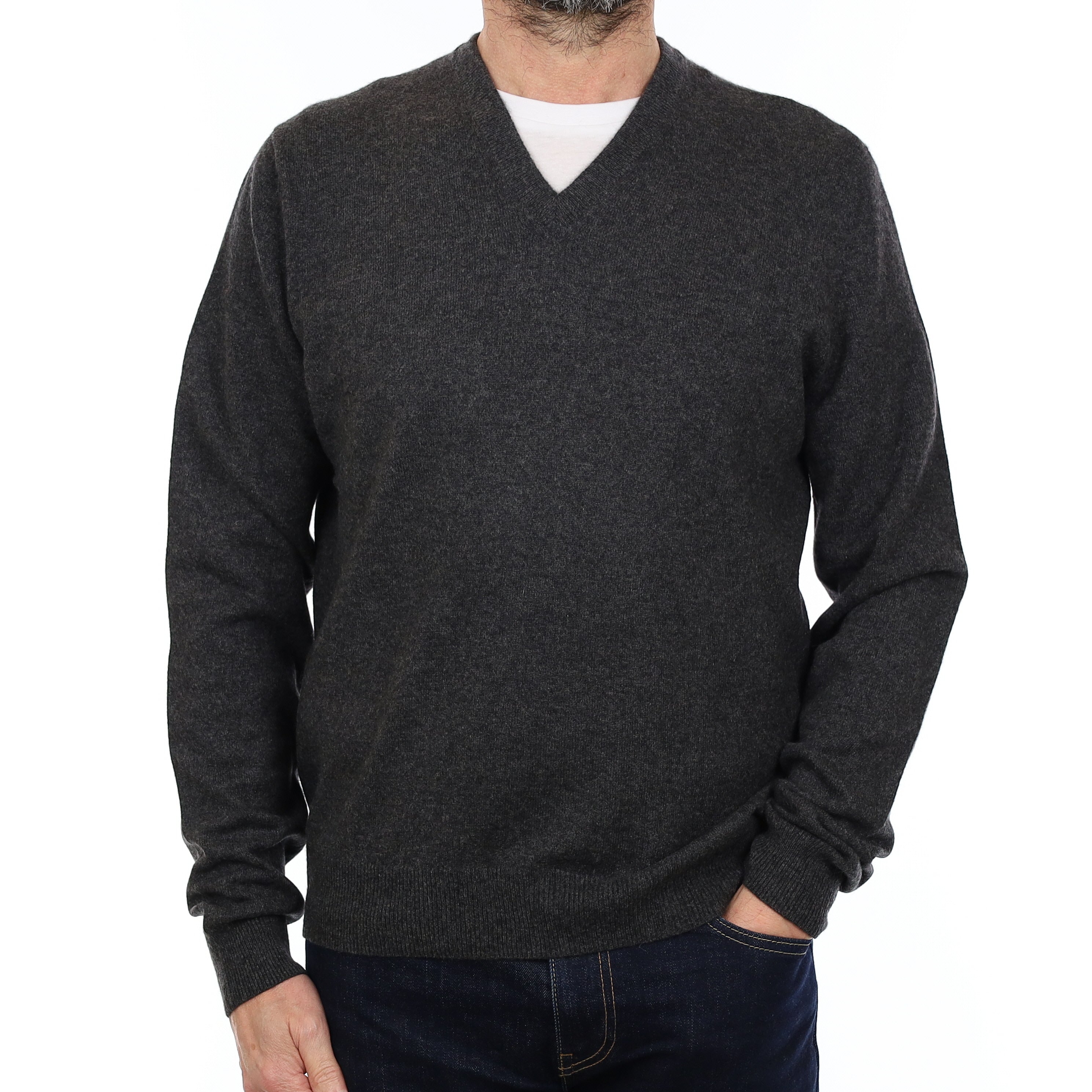 Men's Granite Grey Cashmere V Neck Jumper Small