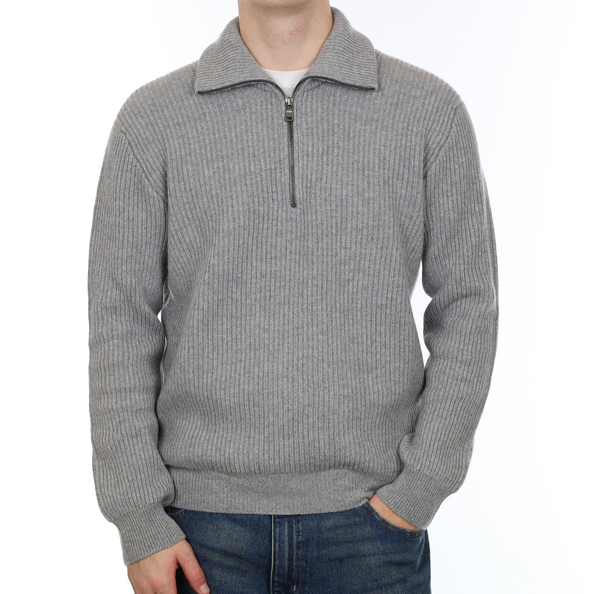 Men’s Brand New Scottish Smoke Grey Chunky Rib Cashmere 1/4 Zip Jumper Large