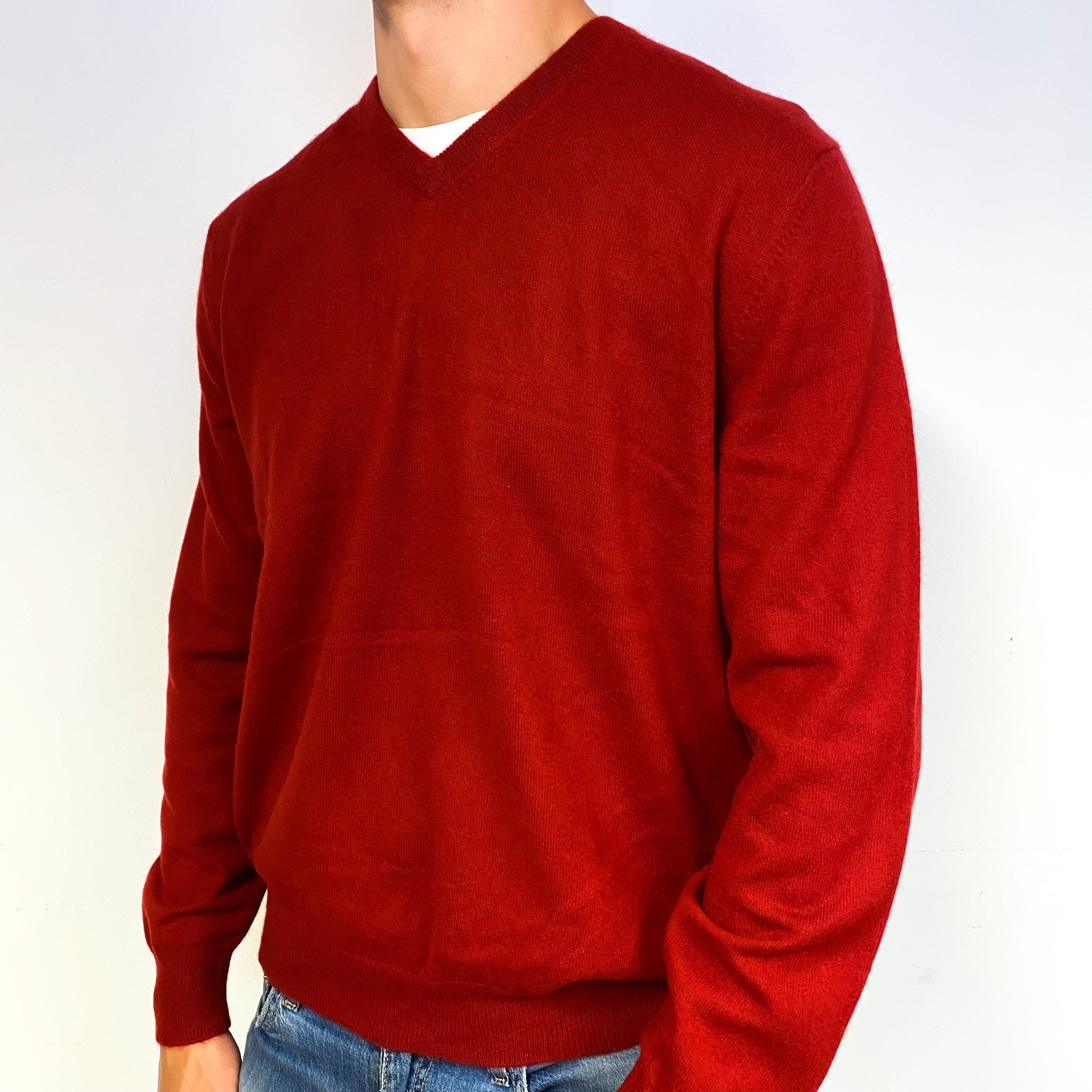 Men's Crimson Red Cashmere V-Neck Jumper Extra Large