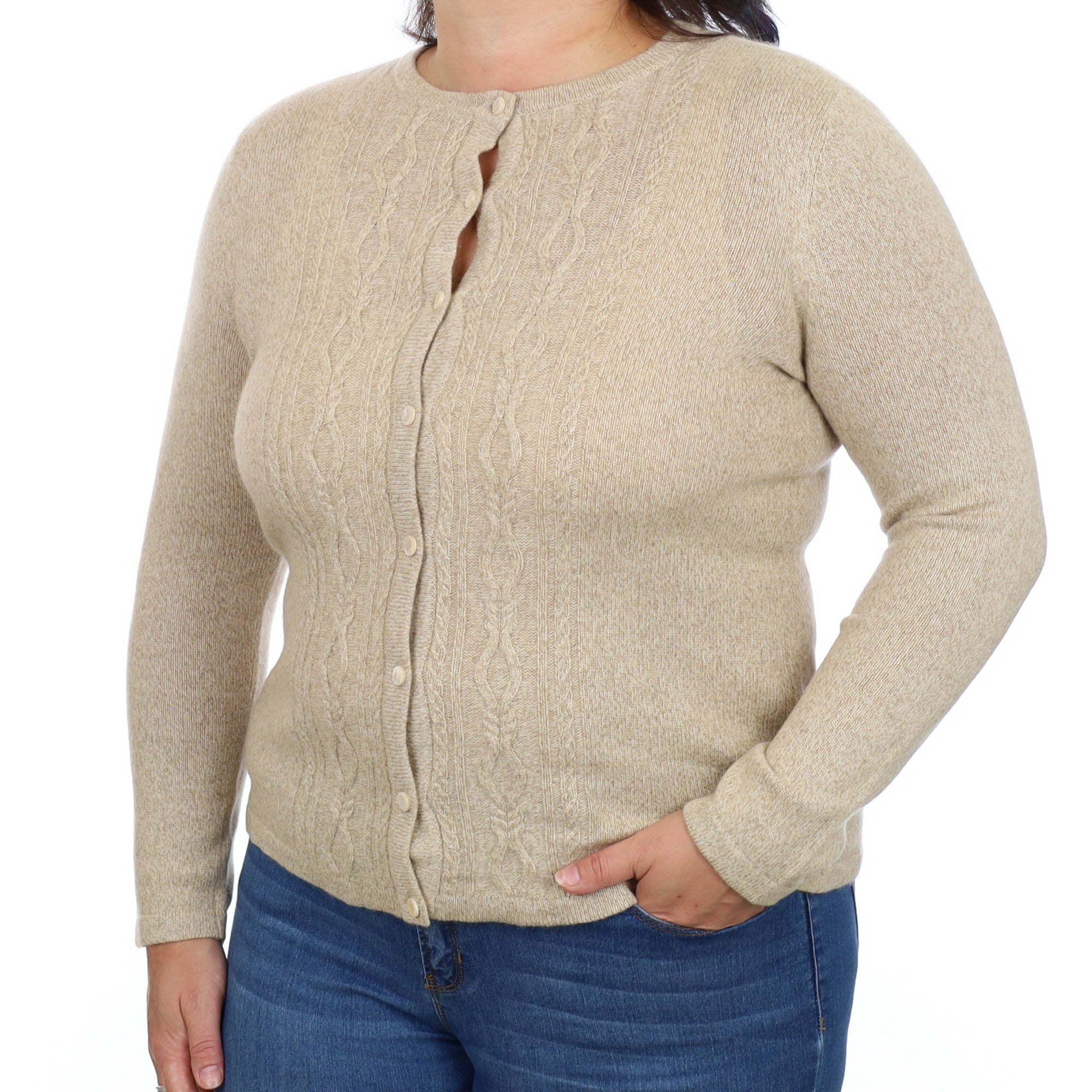 Oatmeal Beige Cashmere Crew Neck Cardigan Large