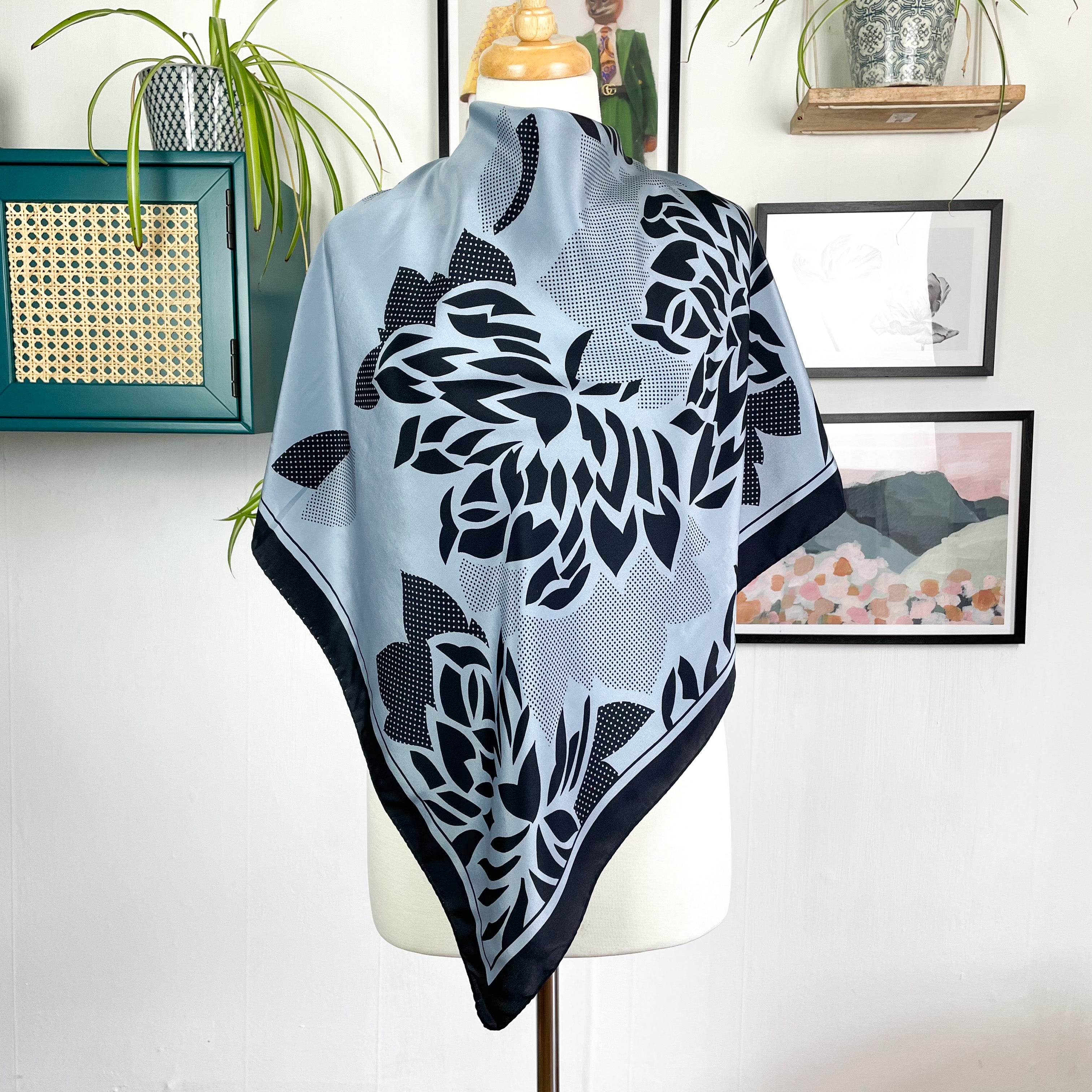 Navy Floral Design Italian Vintage Silk Scarf