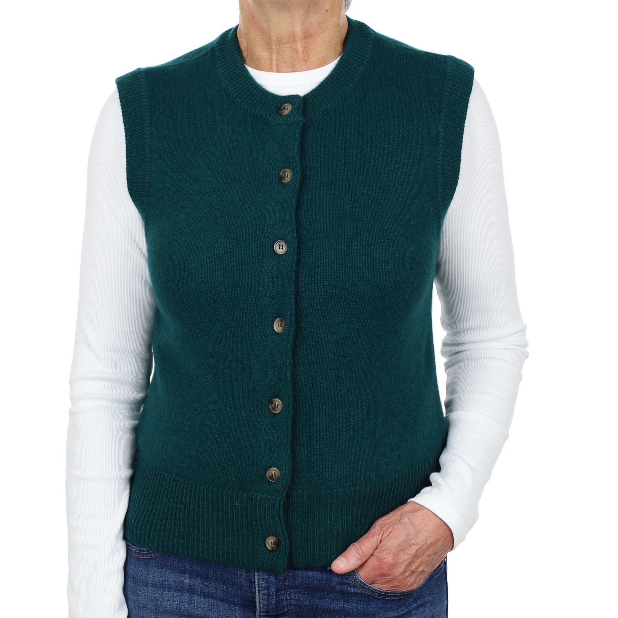 Brand New Forest Green Luxury Cashmere Crew Neck Waistcoat Medium UK 12-14