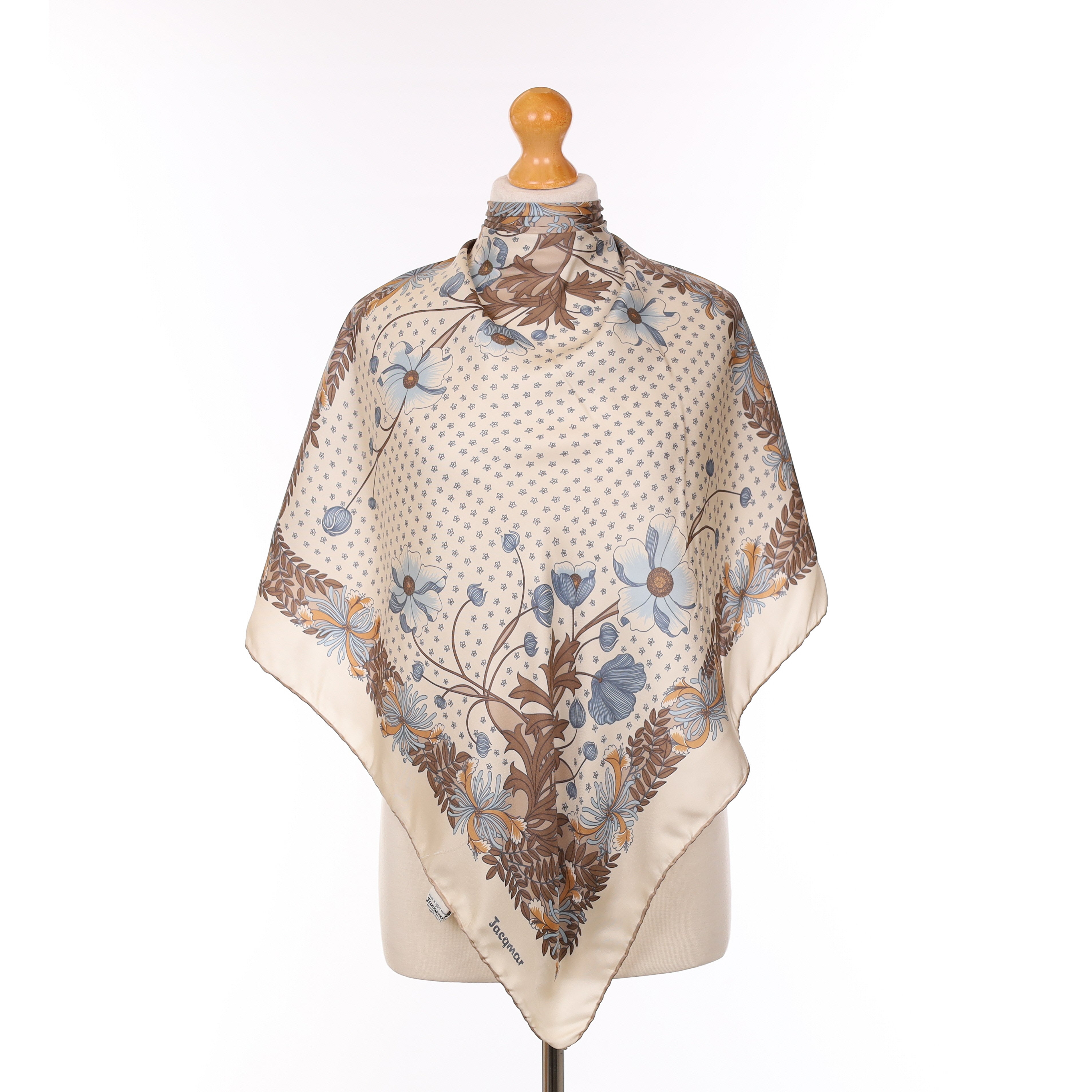 1970’s Jacqmar Blue And Cream Floral Design Vintage Silk Scarf