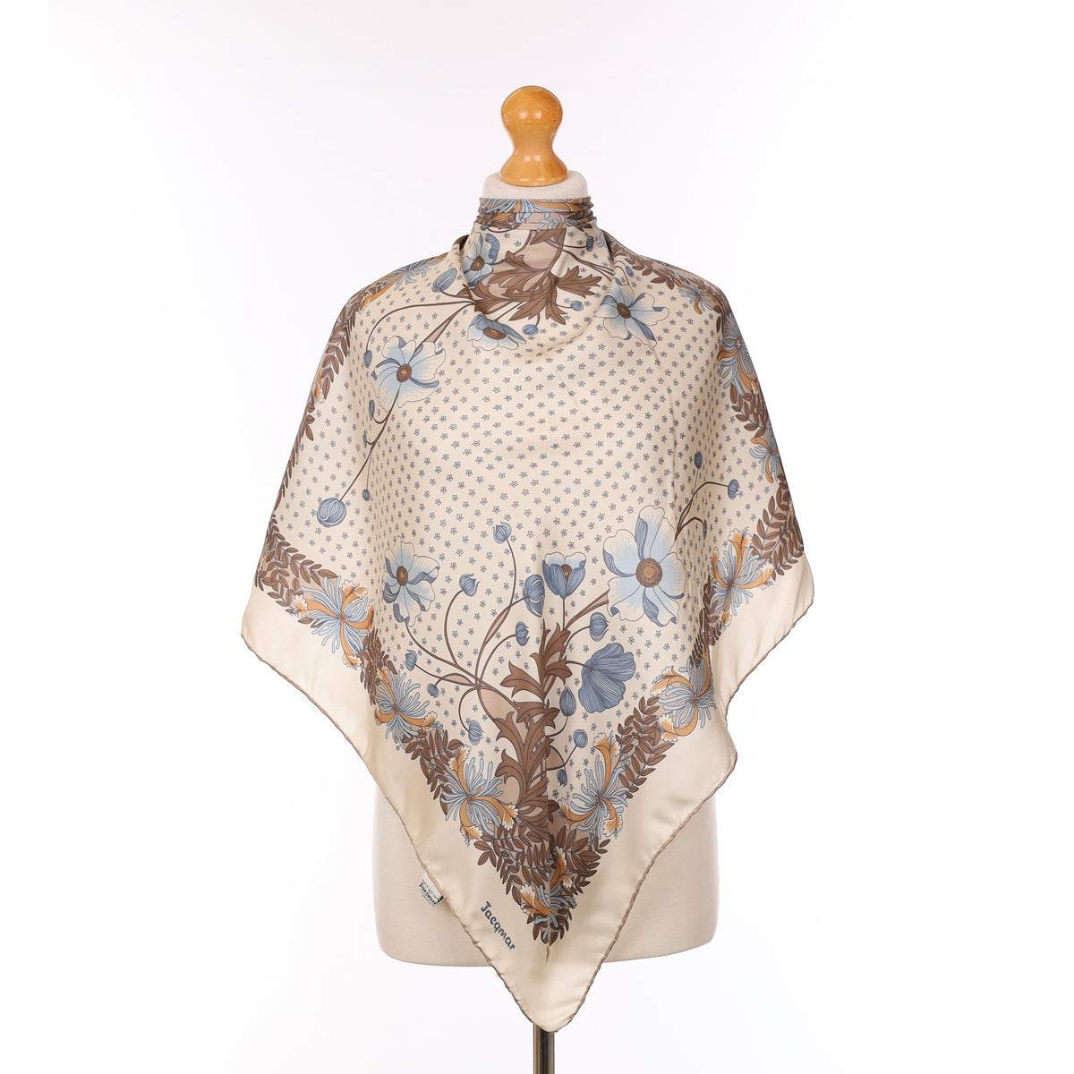 1970’s Jacqmar Blue And Cream Floral Design Vintage Silk Scarf