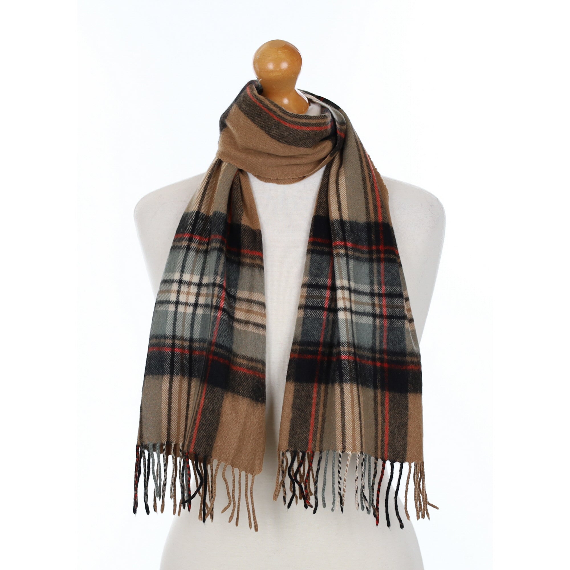 Camel Checked Cashmere Fringed Woven Scarf