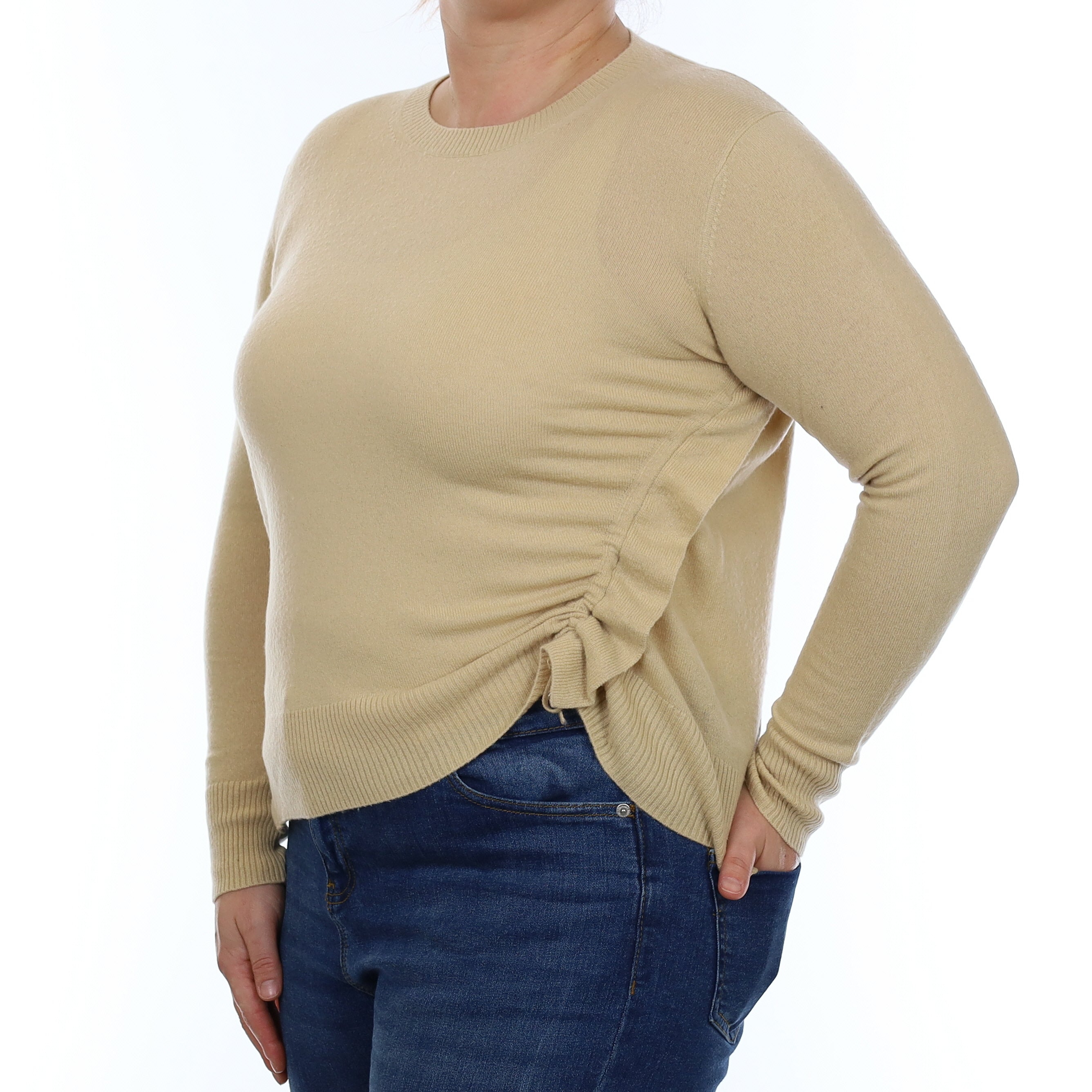 Vince Sand Beige Cashmere Ruched Side Crew Neck Jumper Large