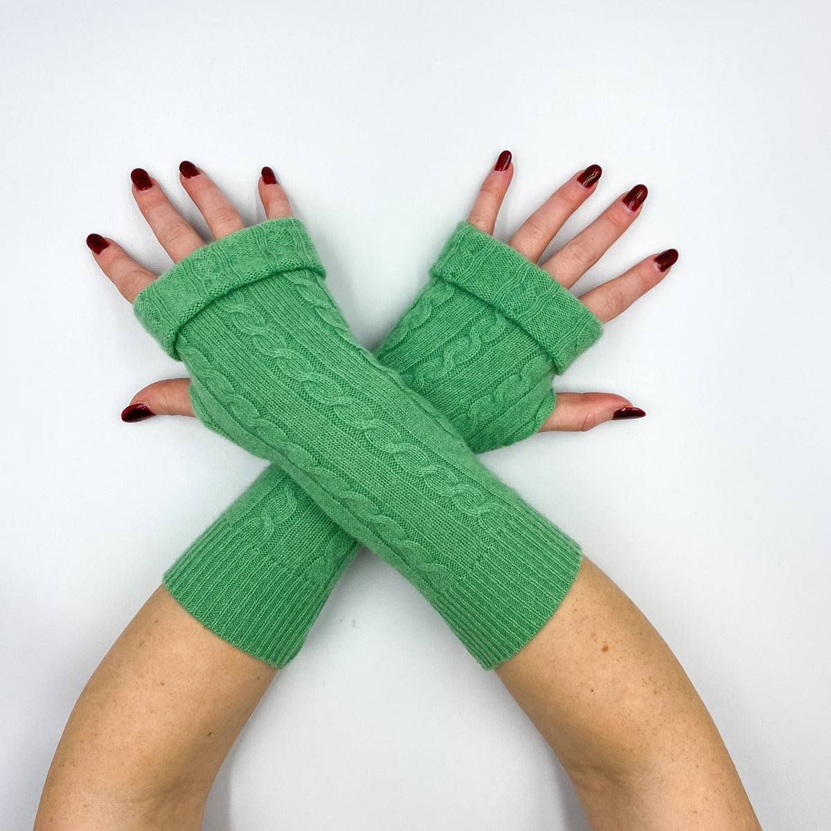 Spring Green Chunky Cable Knit Fingerless Gloves