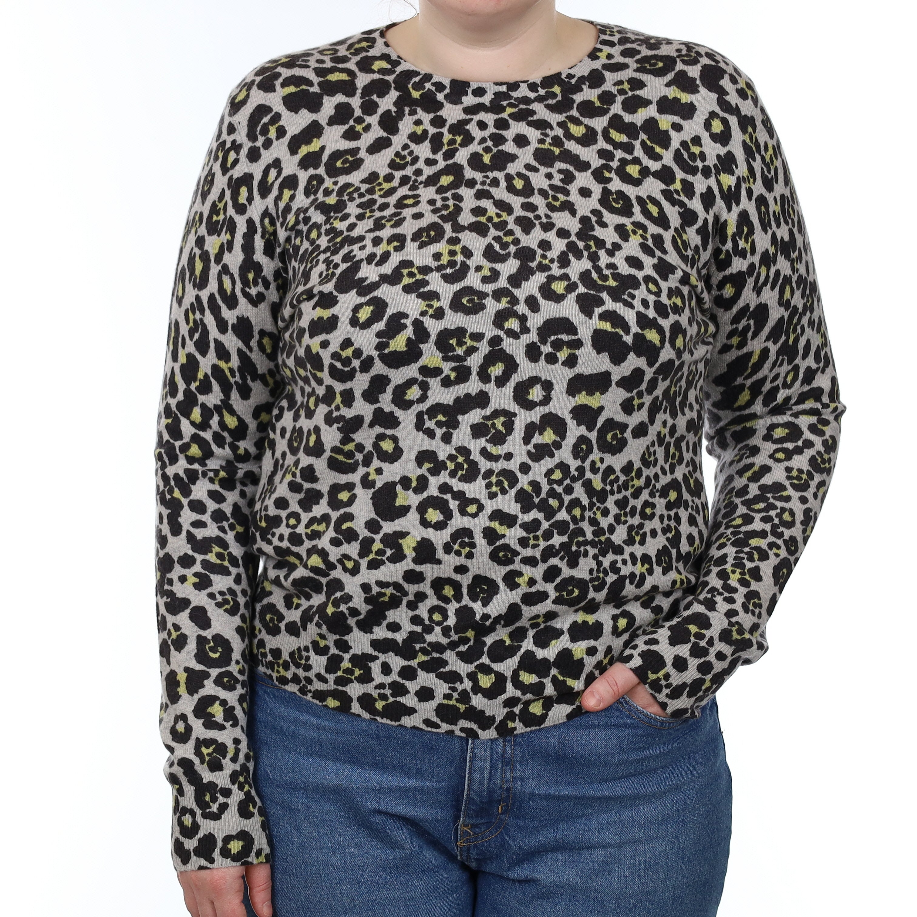 Grey and Yellow Leopard Print Cashmere Crew Neck Jumper Large