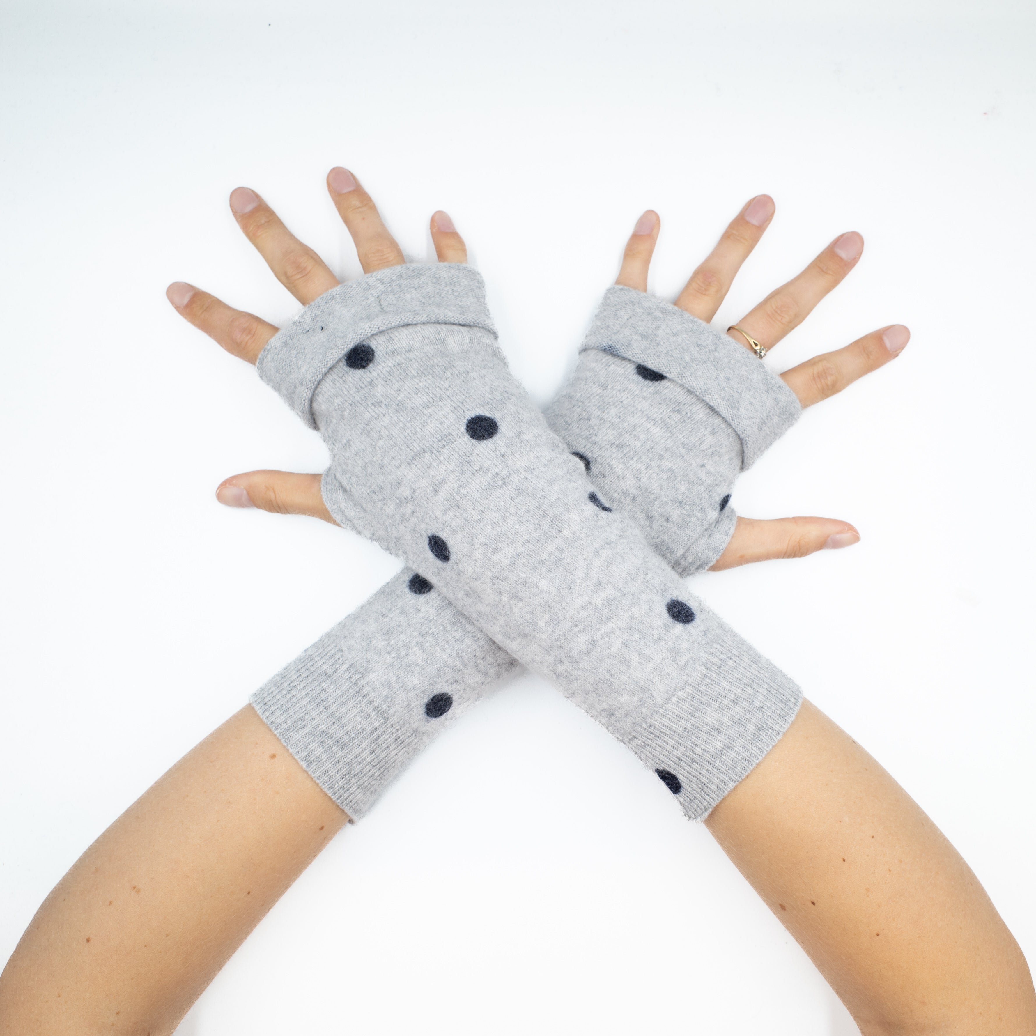 Pale Grey and Navy Polka Fingerless Gloves