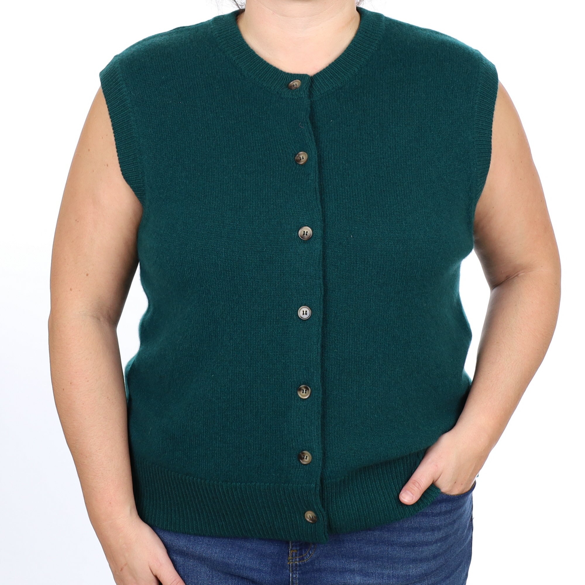 Brand New Forest Green Luxury Cashmere Crew Neck Waistcoat Extra Large UK 20-22