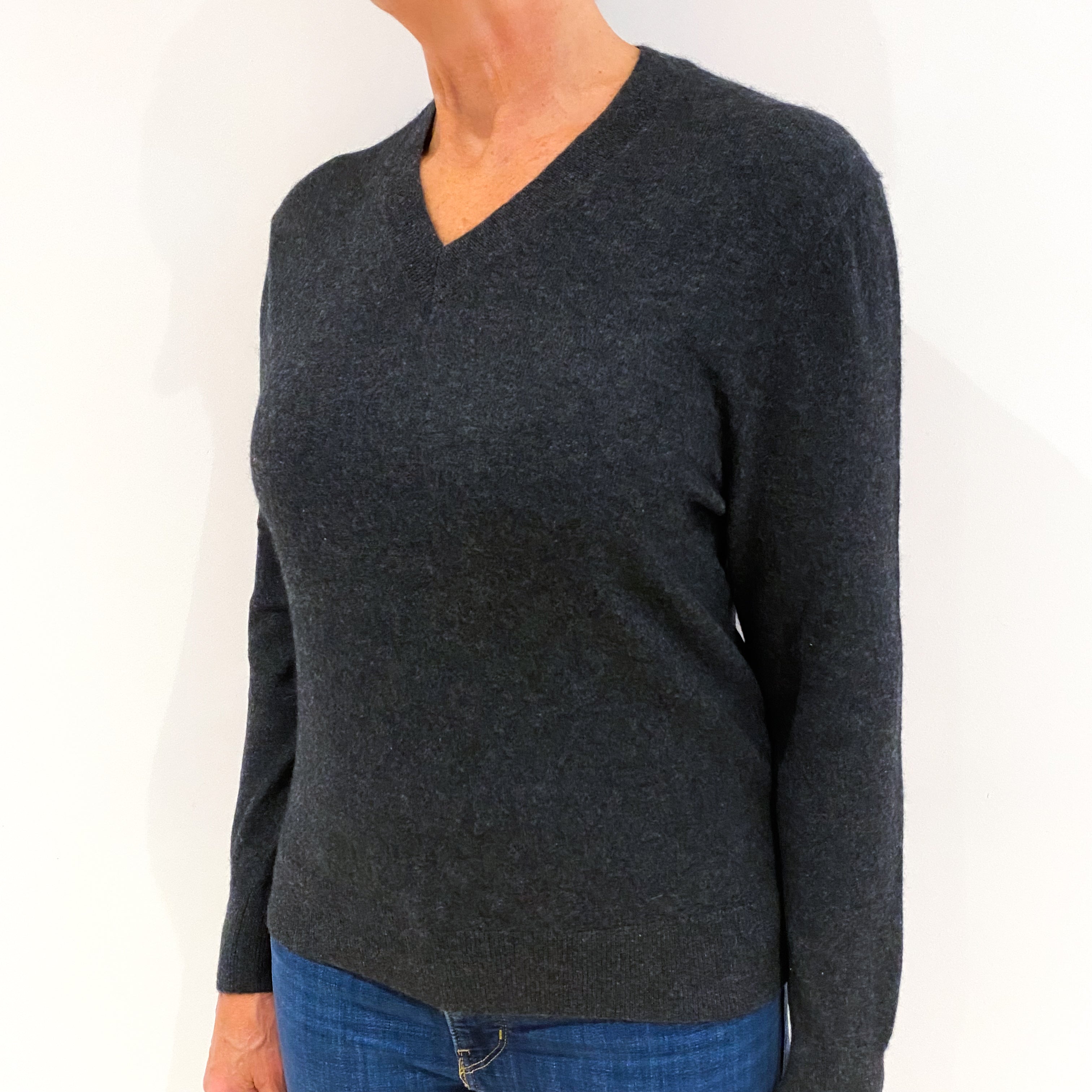 Charcoal Grey Cashmere V-Neck Jumper Medium