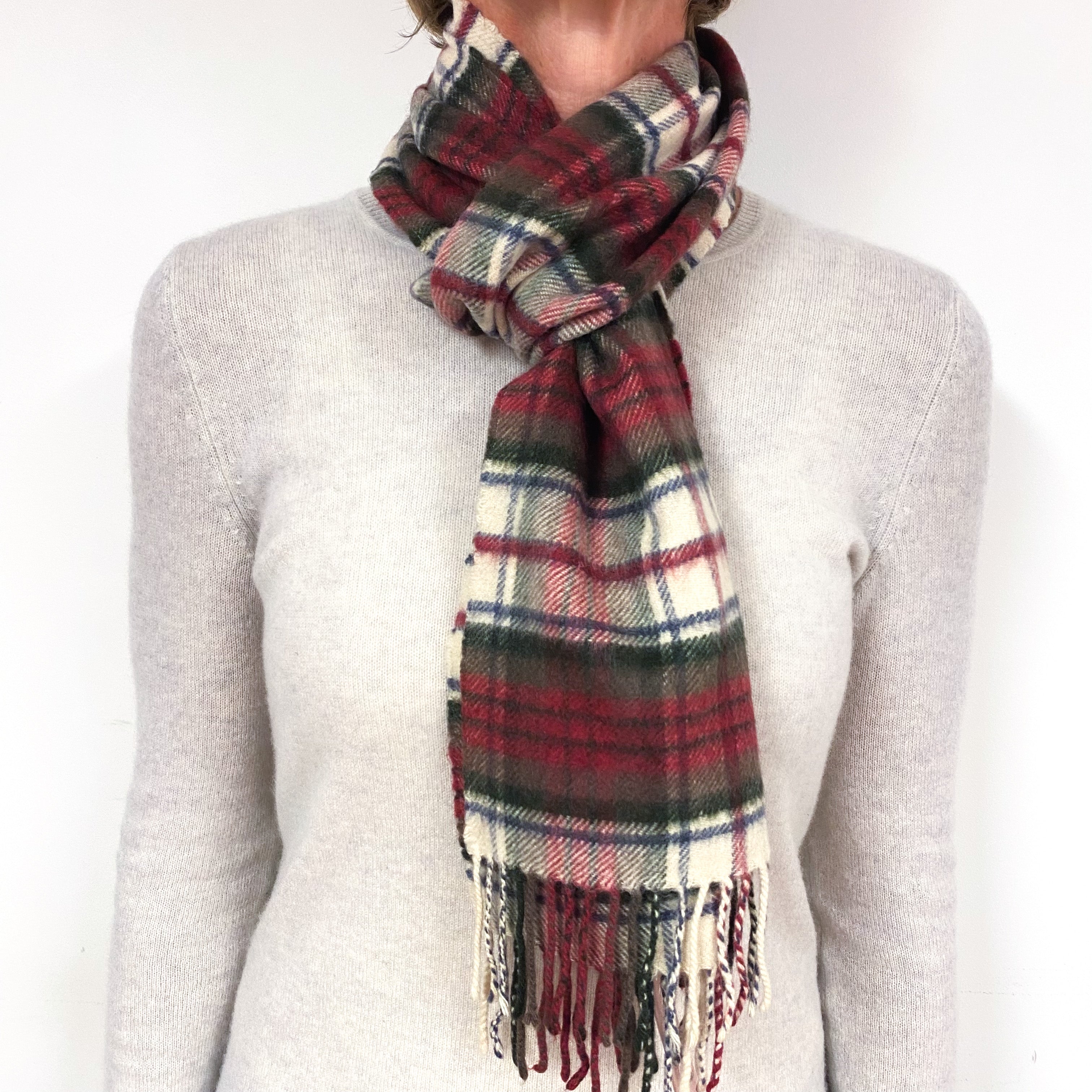 Red and Green Tartan Fringed Cashmere Woven Scarf