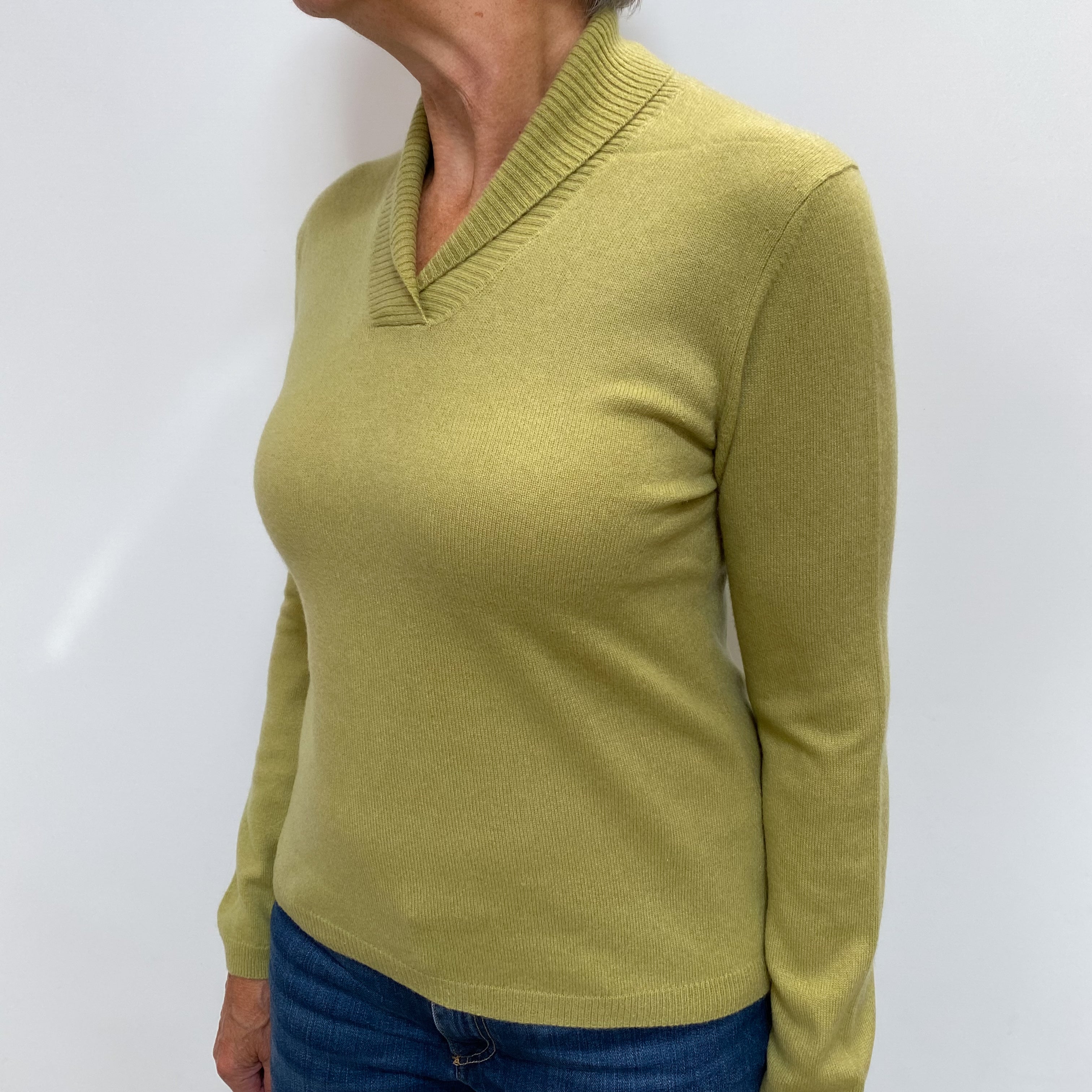 Pear Green Cashmere Shawl V Neck Jumper Medium