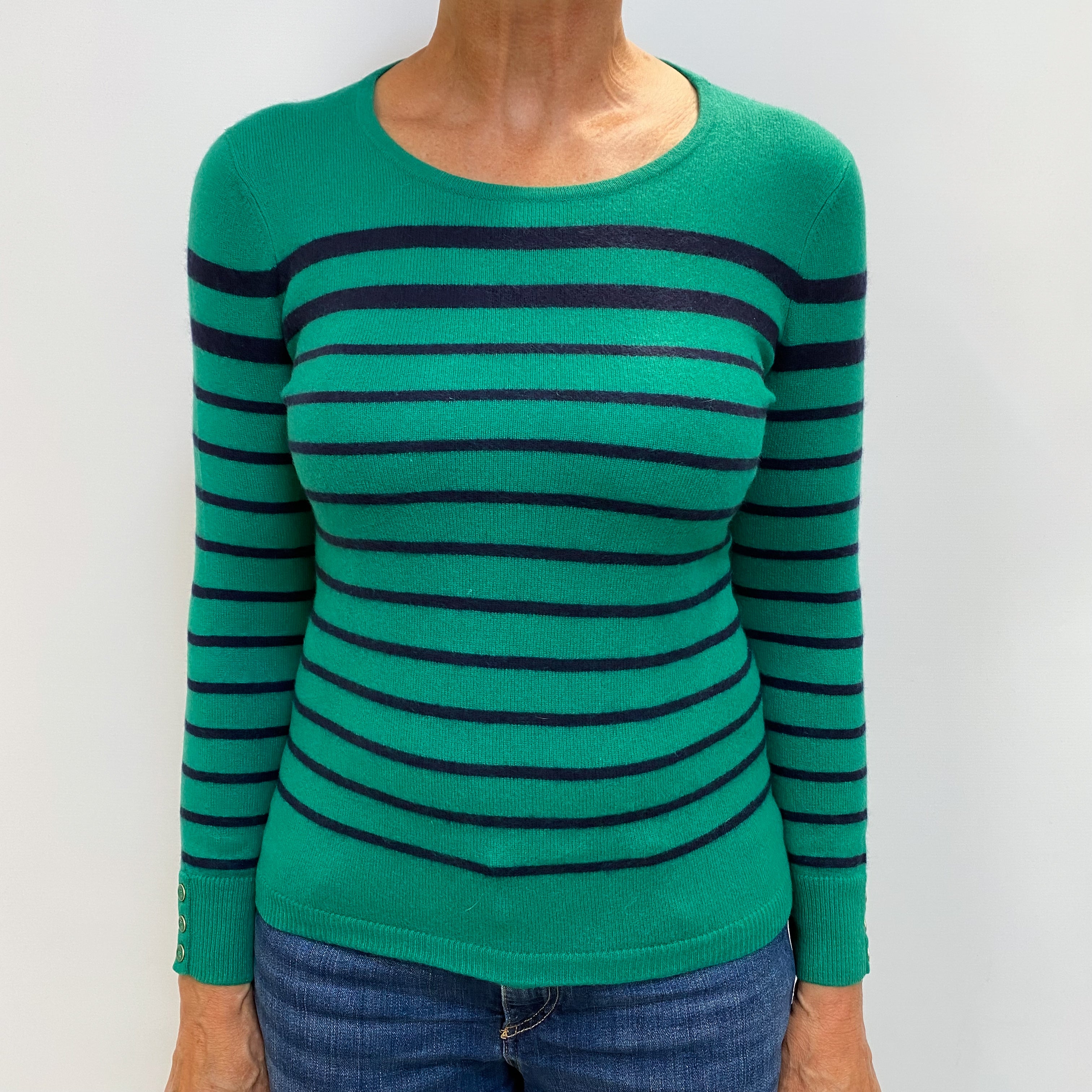 Shamrock Green Stripe Cashmere Crew Neck Jumper Medium