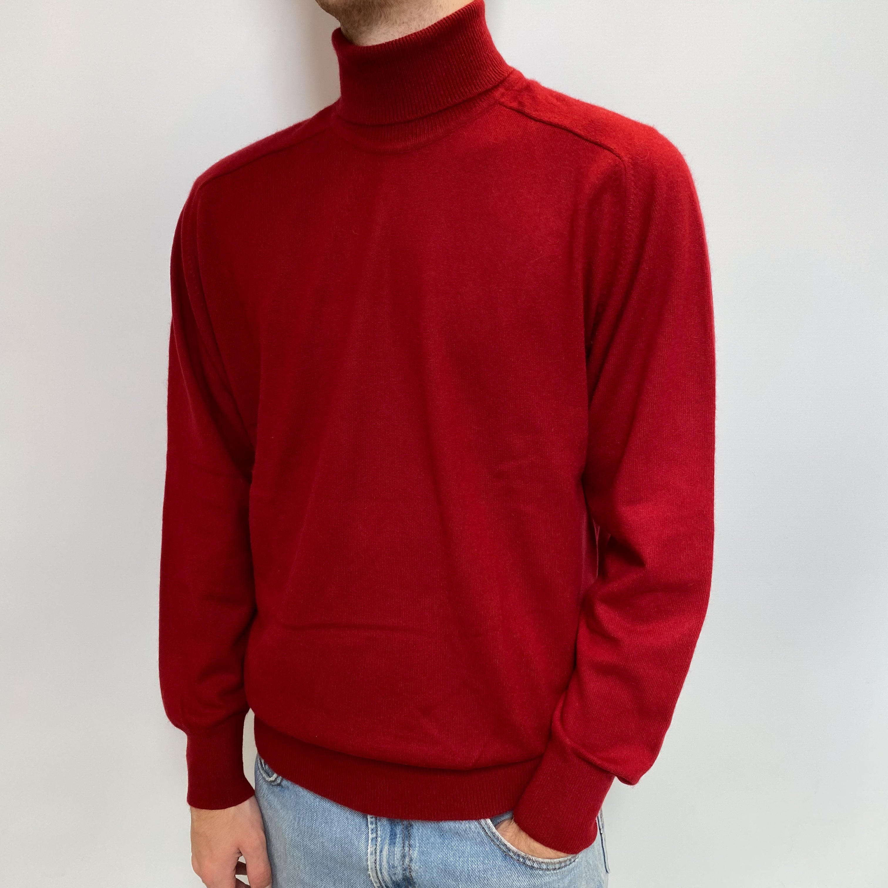 Men's Deep Red Cashmere Polo Neck Jumper Large